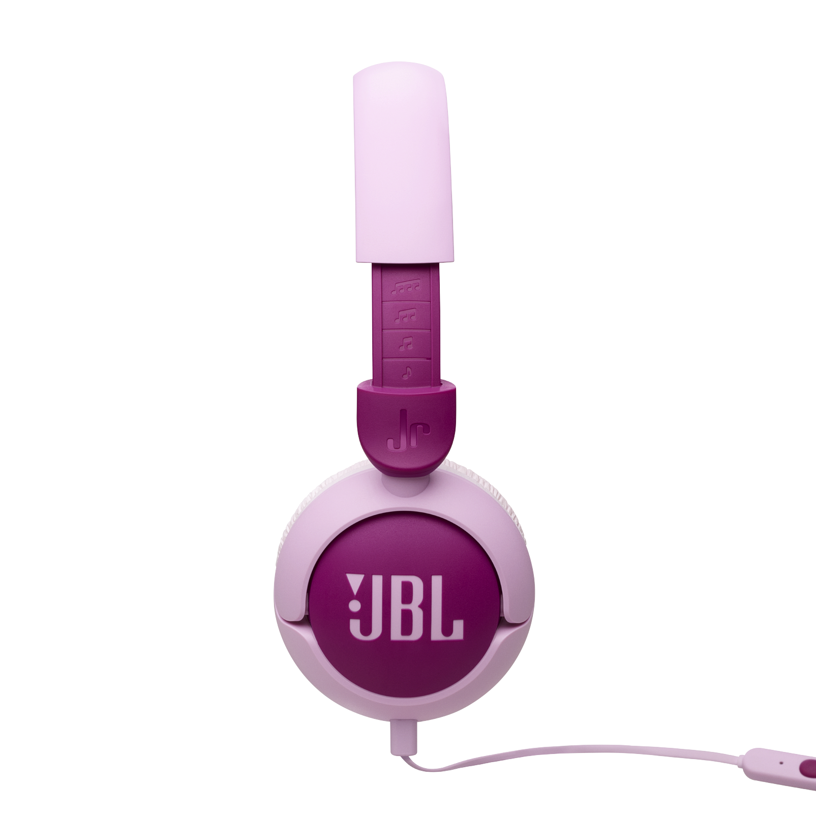 Pembe ve mor JBL kulaklık, siyah arka plan. Kulaklıkta beyaz JBL logosu. Pembe kablo.