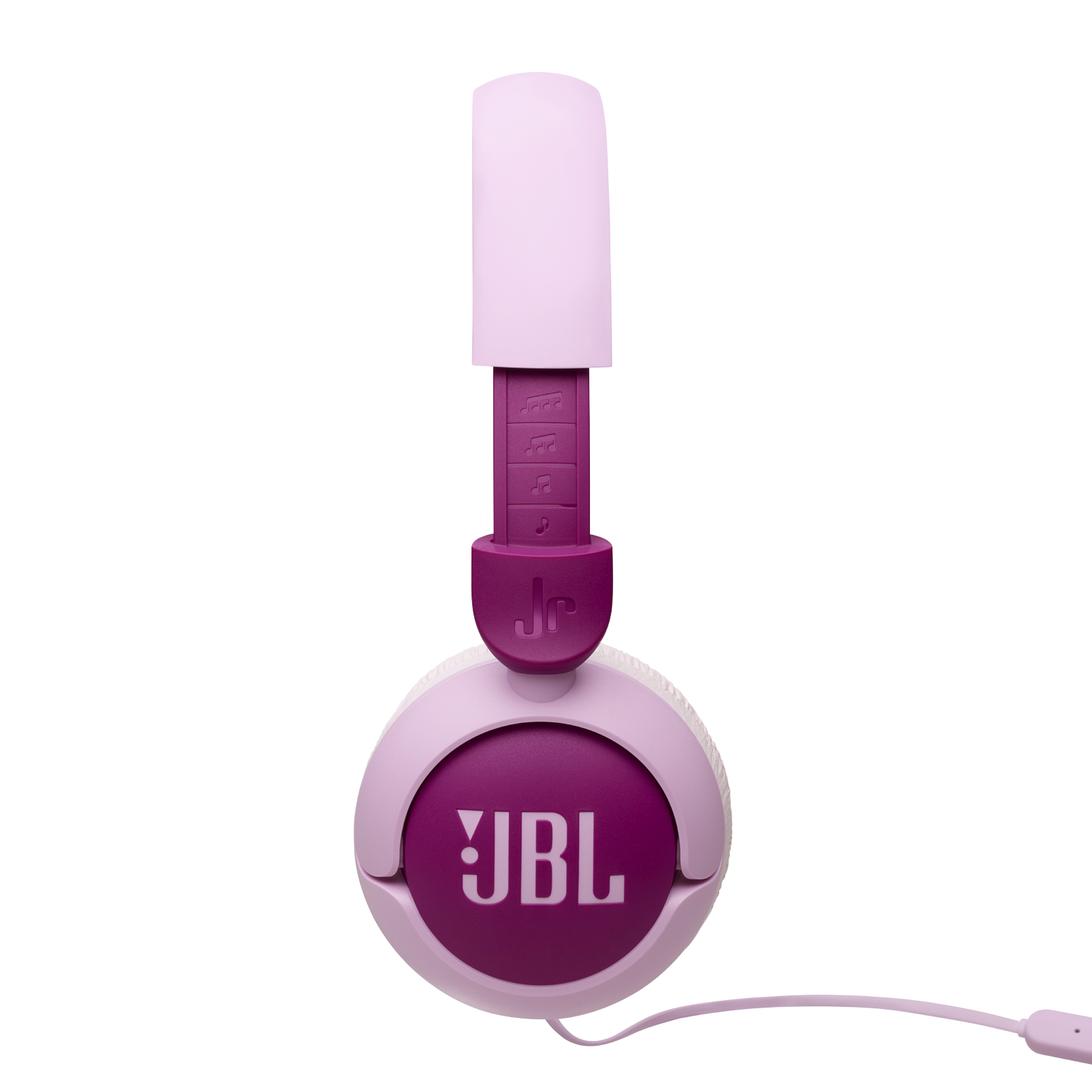 Siyah zemin üzerinde pembe ve mor JBL kulaklıklar. Kulaklıkta beyaz JBL logosu. Pembe kablo.