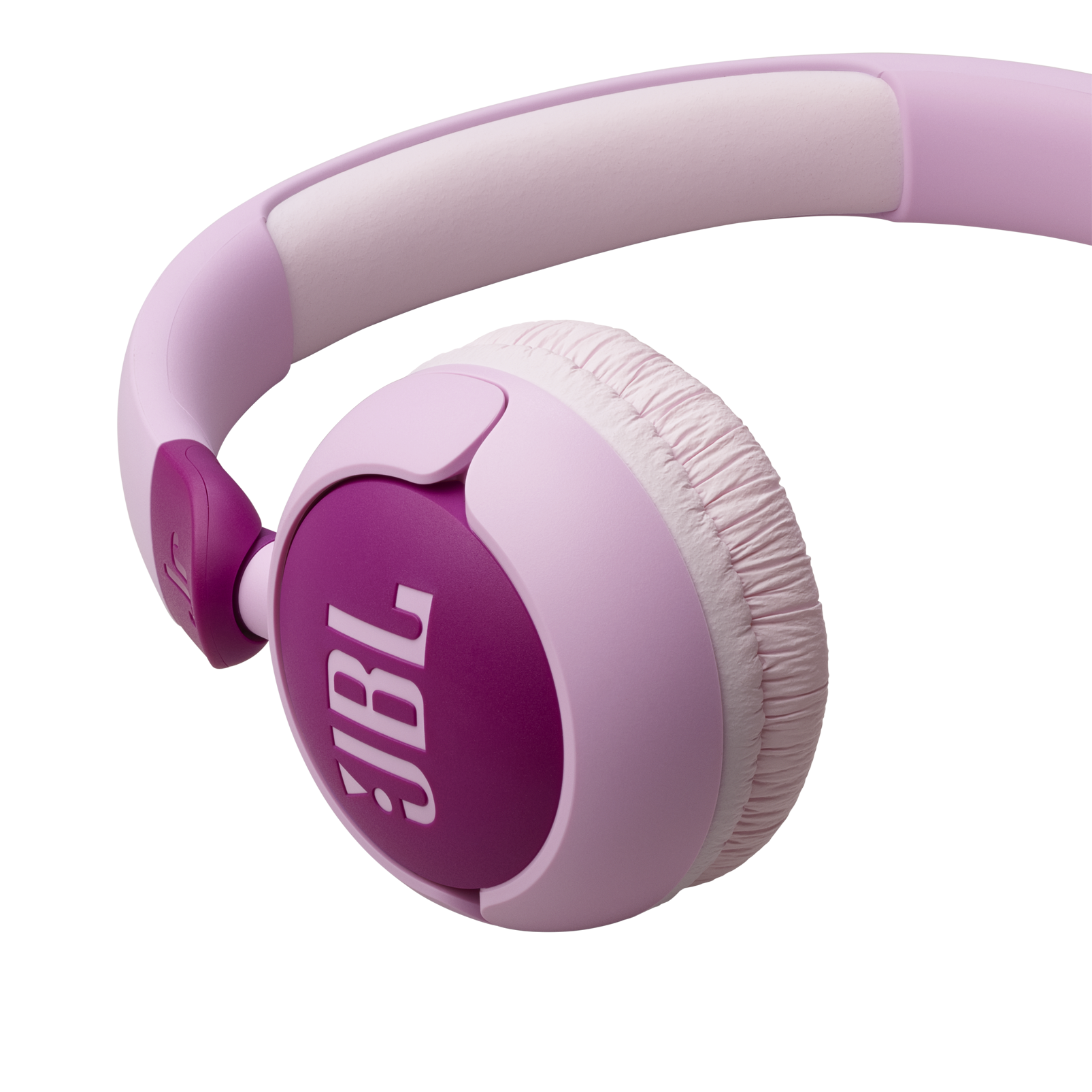 Pembe JBL kulaklık, siyah arka plan. Mor kulaklıkta beyaz JBL logosu. Pembe kafa bandı.
