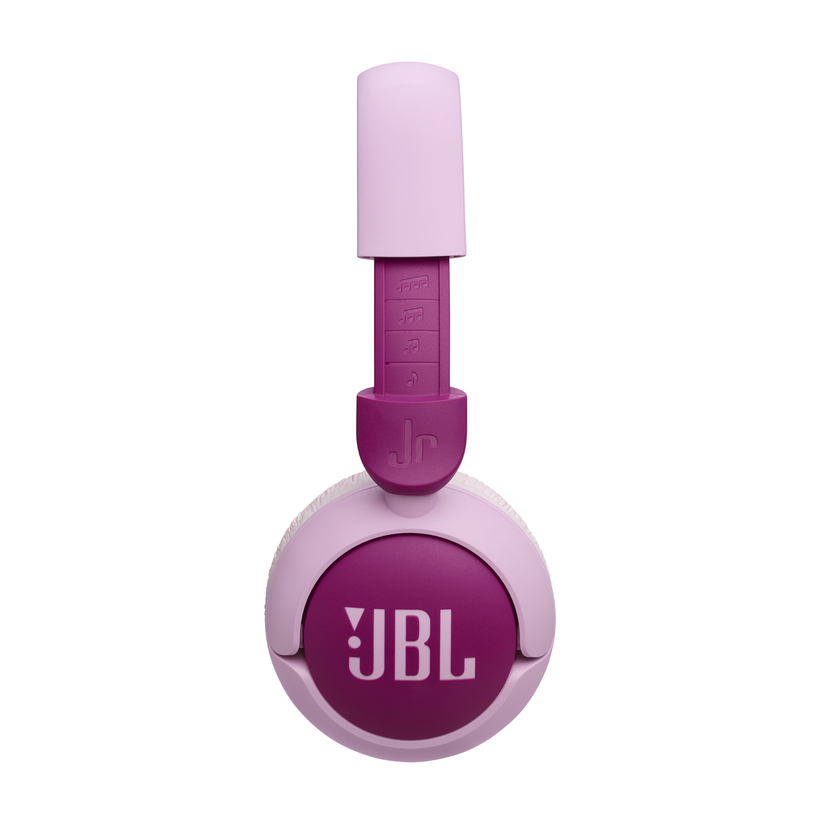 Siyah arka plan üzerinde pembe JBL kulaklık. Logo beyazdır ve kafa bandı ayarlanabilir.