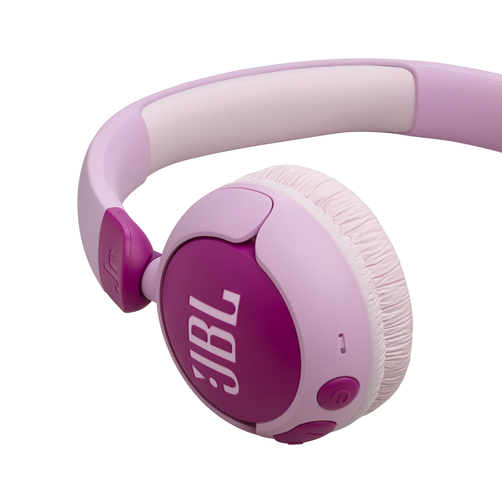 Gri bir yüzey üzerinde JBL logolu pembe kulaklık.