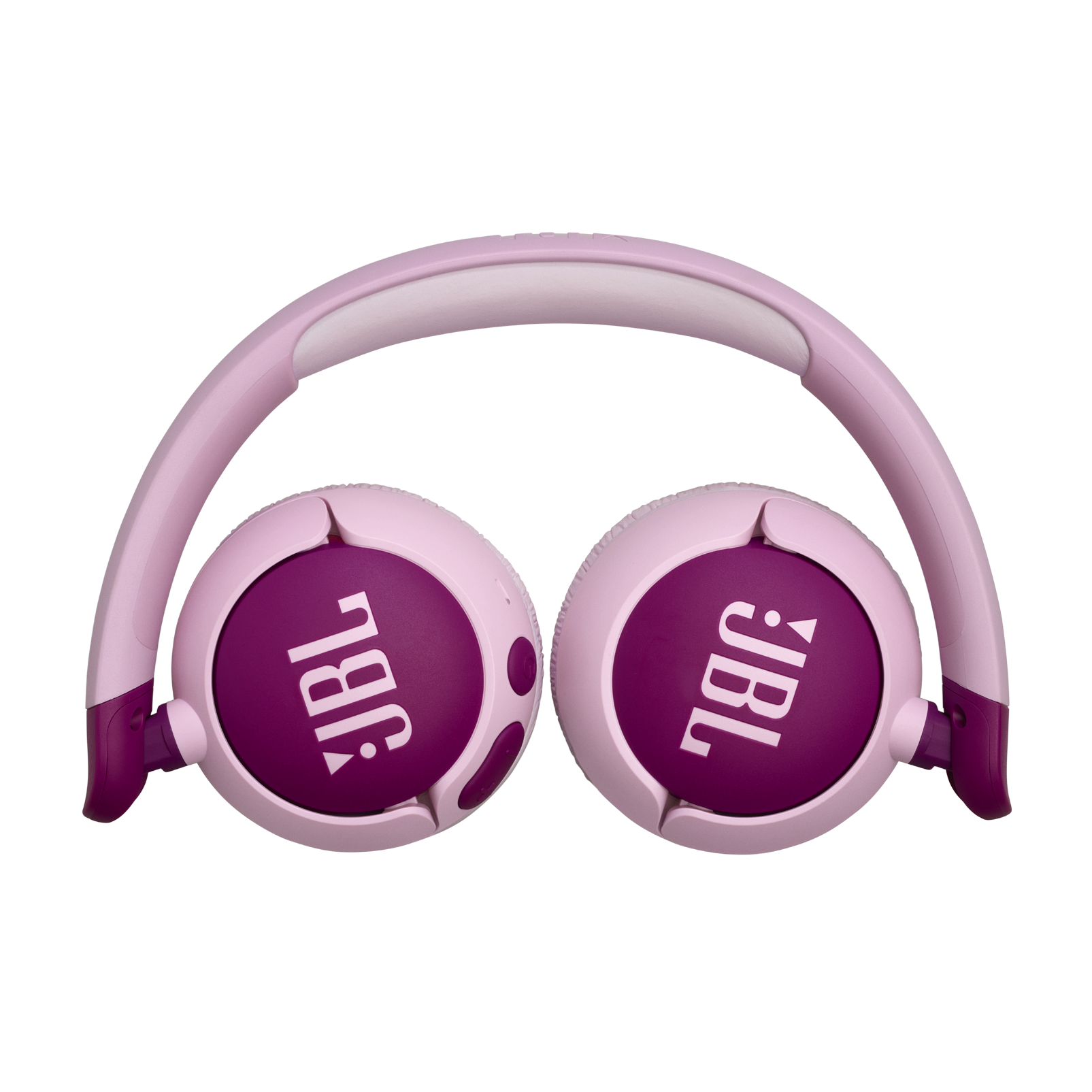 Siyah zemin üzerinde pembe JBL kulaklıklar. Mor kulaklıklarda beyaz JBL logosu. Pembe kafa bandı.