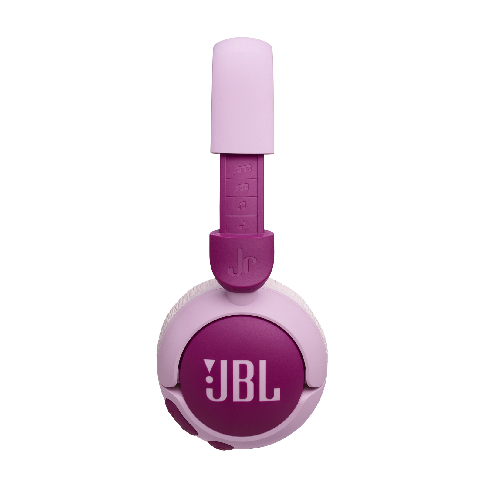 Pembe ve mor JBL kulaklık. Mor kulaklıkta beyaz JBL logosu. Siyah arka plan.