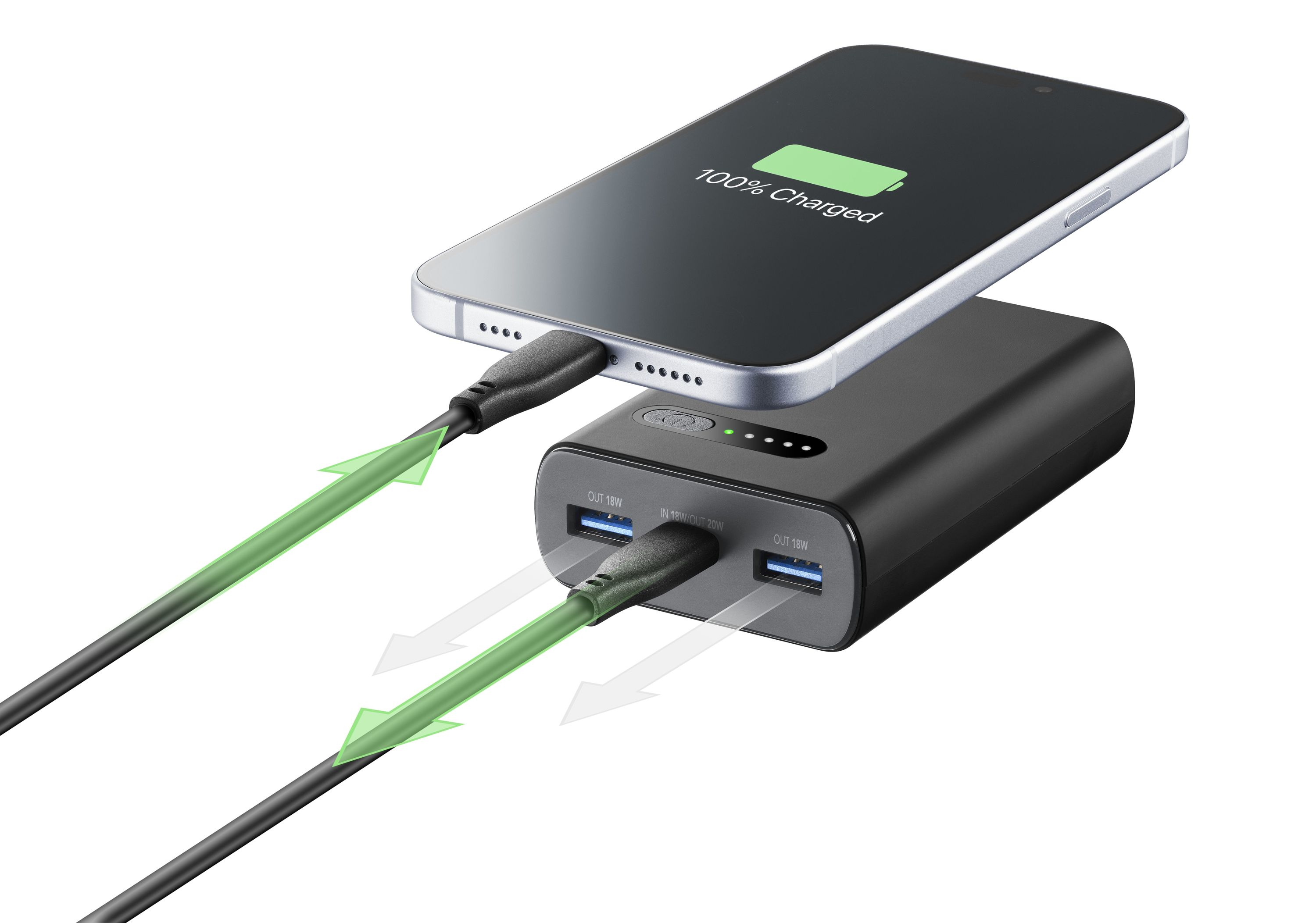 Siyah bir powerbank'ten şarj olan telefon. %100 şarj gösterir. Beyaz arka plan.