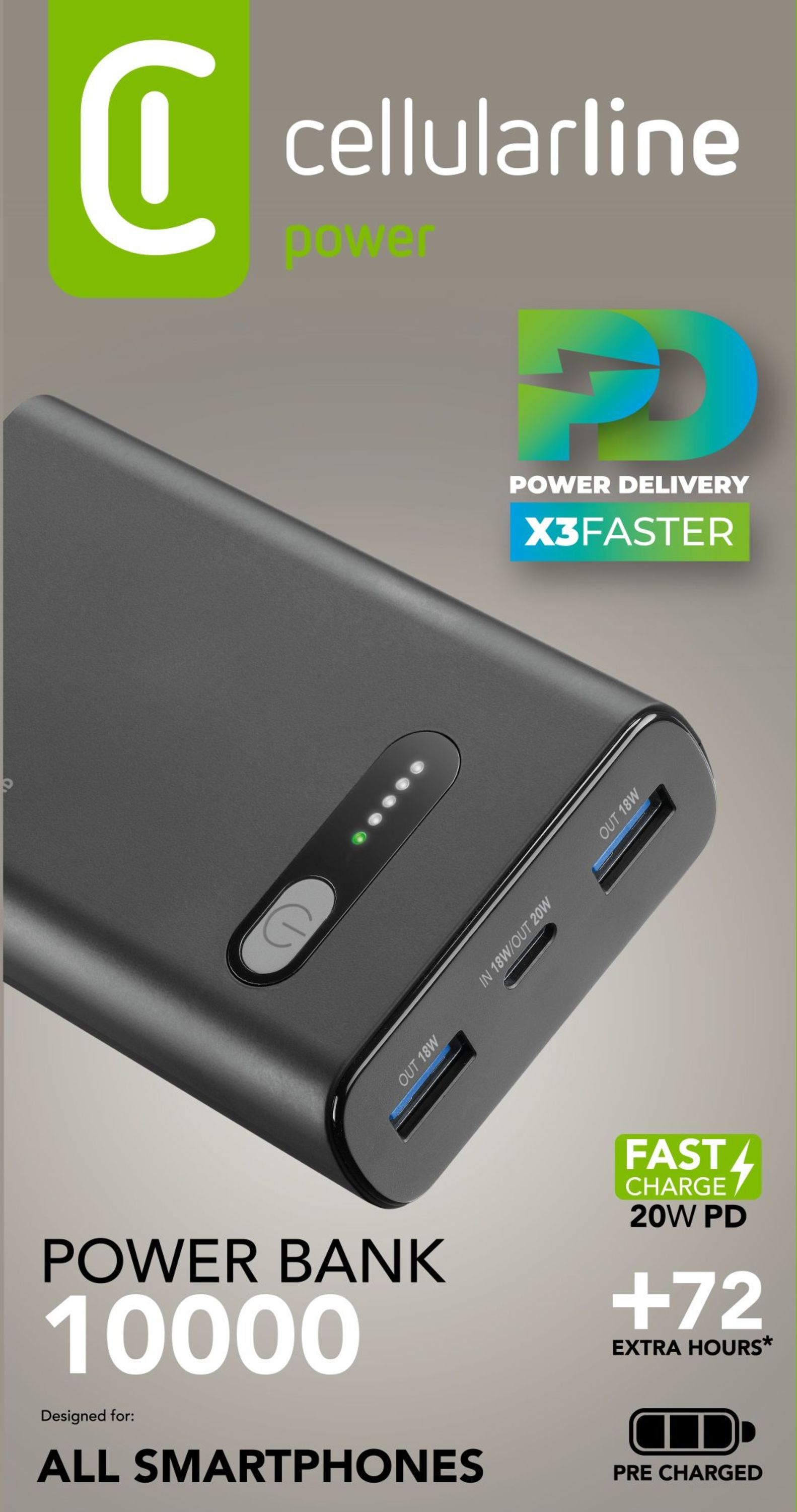 Metinli siyah powerbank. Beyaz arka plan.