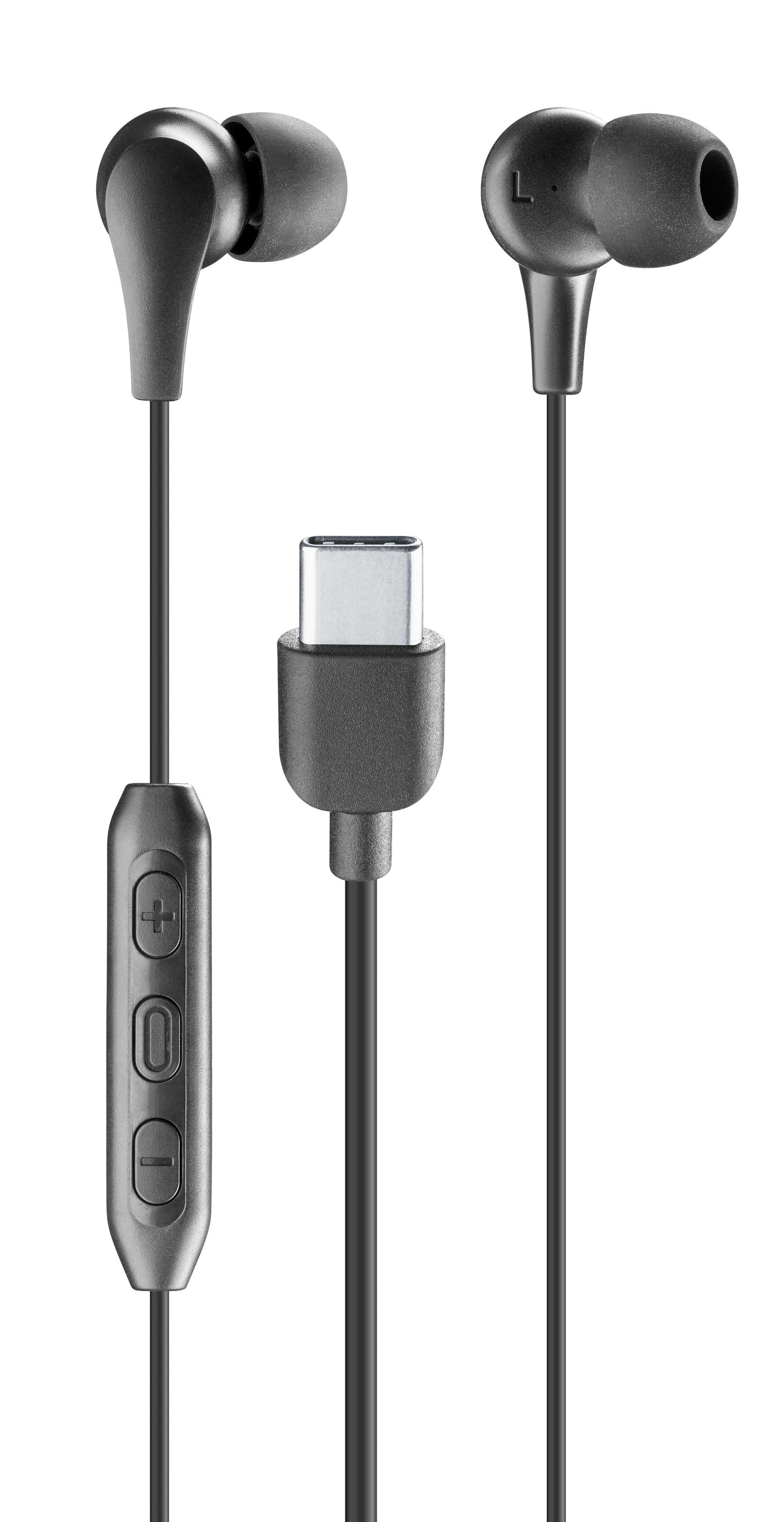 USB-C konnektörlü siyah kulaklıklar. Beyaz arka plan.