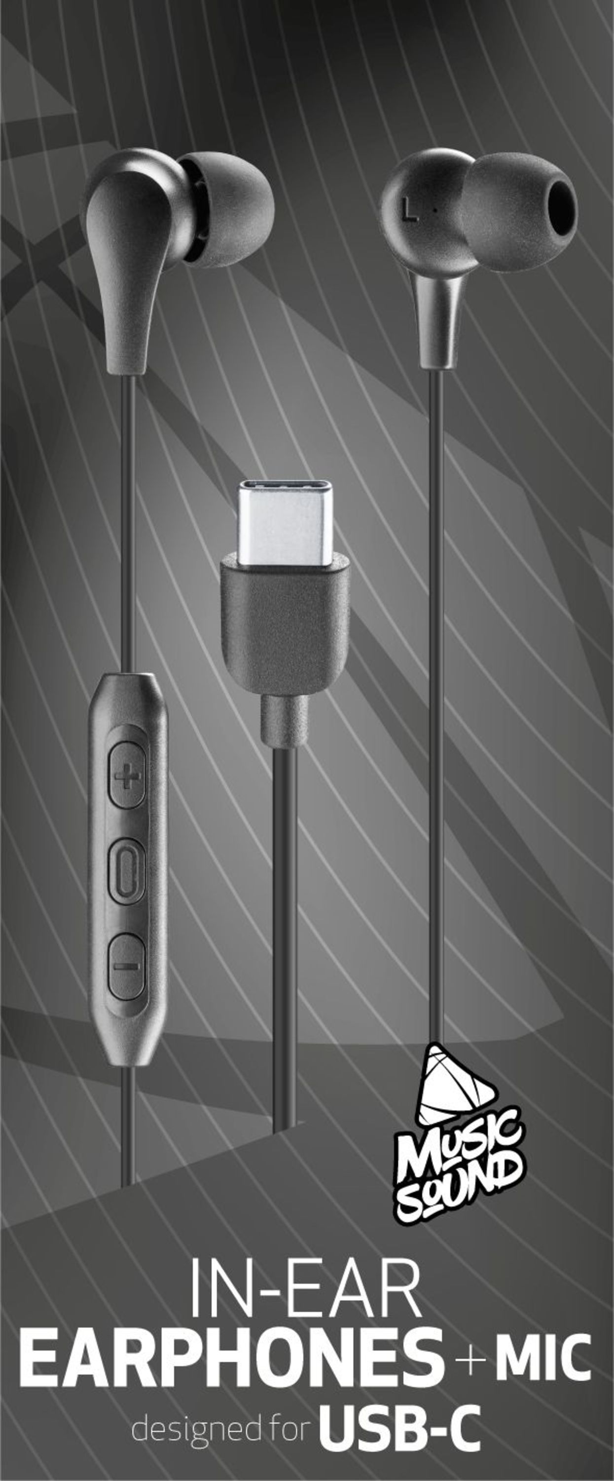 USB-C konektörlü siyah kulak içi kulaklıklar. Arka planda metin: IN-EAR EARPHONES + MIC designed for USB-C.