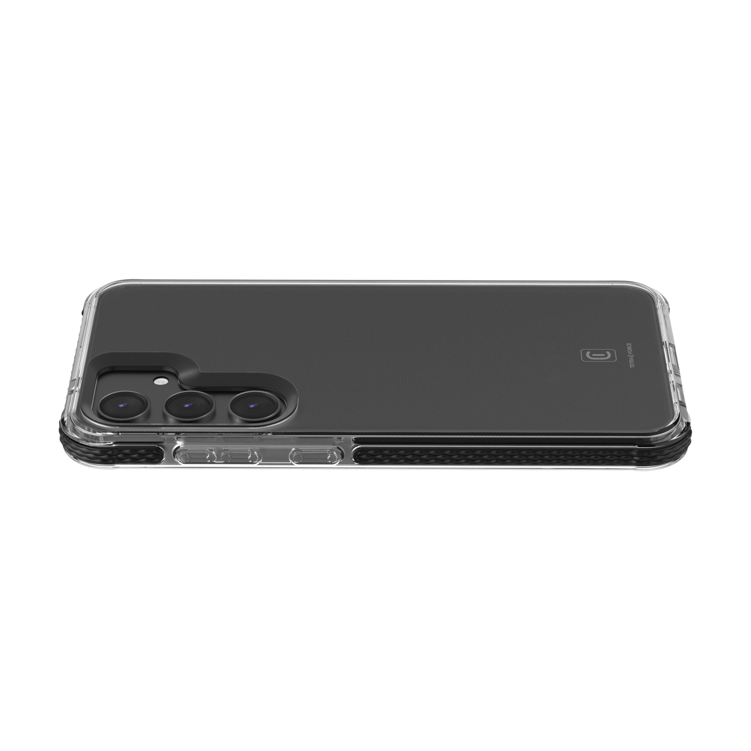 Custodia trasparente per telefono con retro nero e configurazione a tripla fotocamera su sfondo bianco.