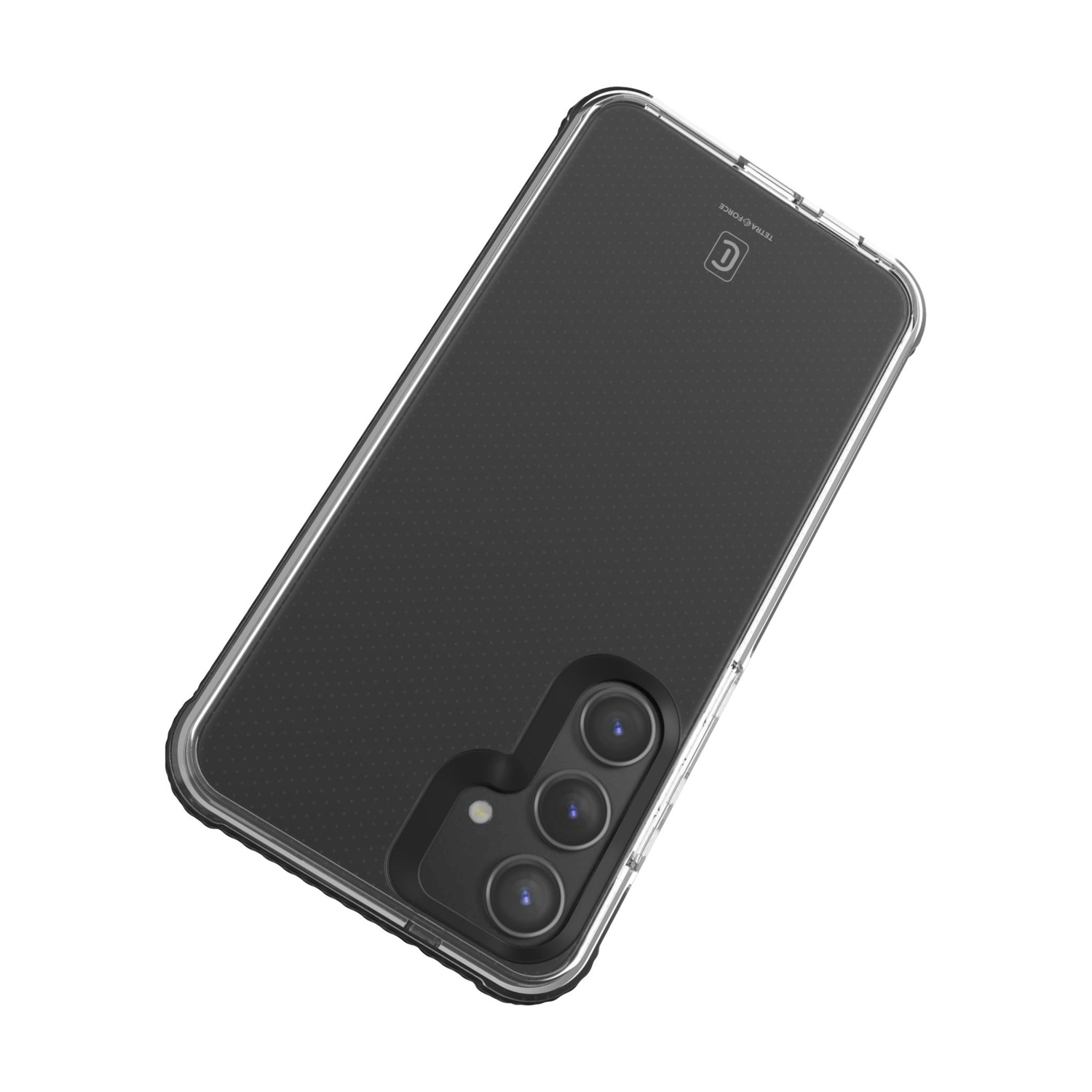 Una custodia trasparente per telefono su una superficie bianca, che mostra un telefono nero con tre fotocamere.
