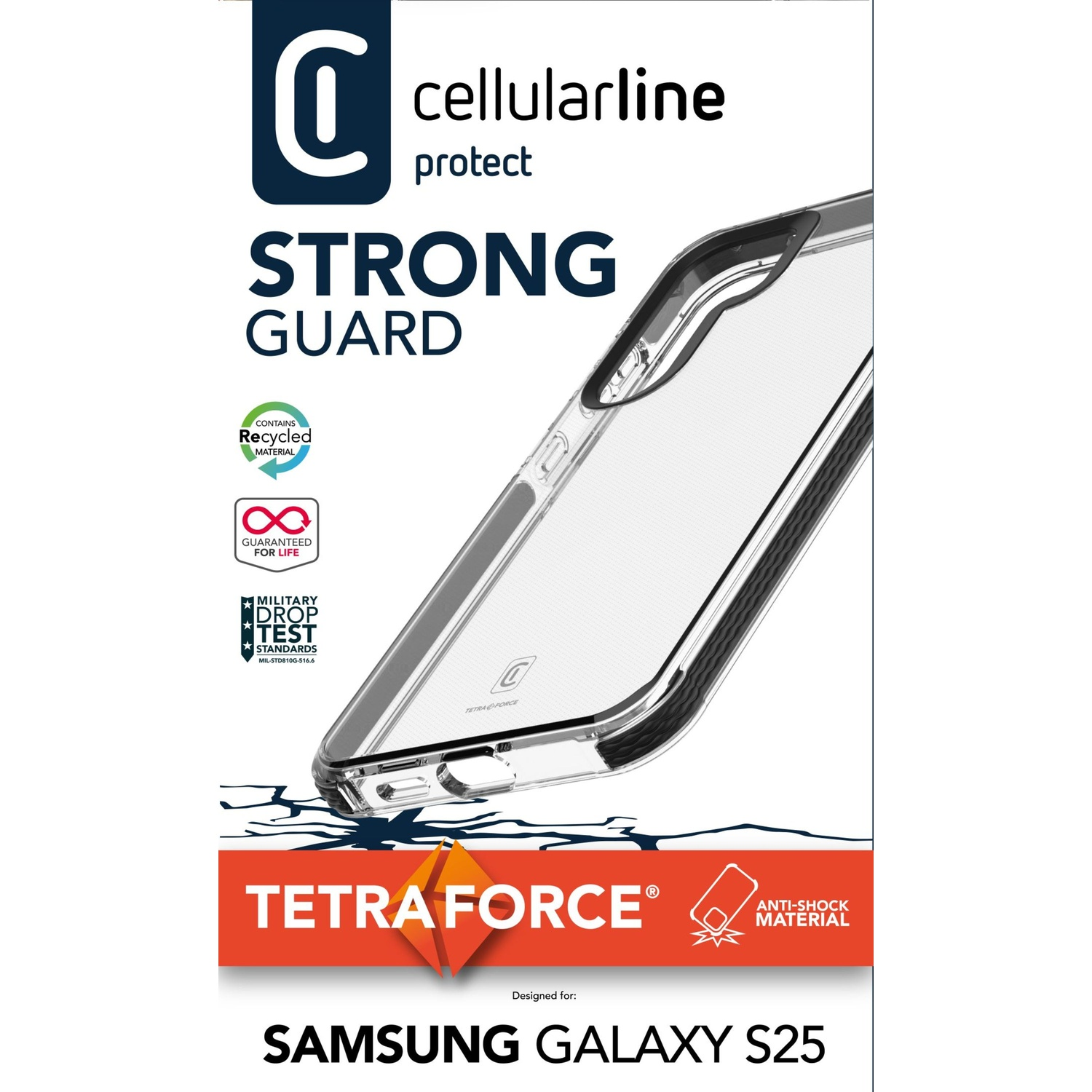 Una custodia trasparente con testo e telefono all'interno, su sfondo bianco. Testo: TETRAFORCE, SAMSUNG GALAXY S25.
