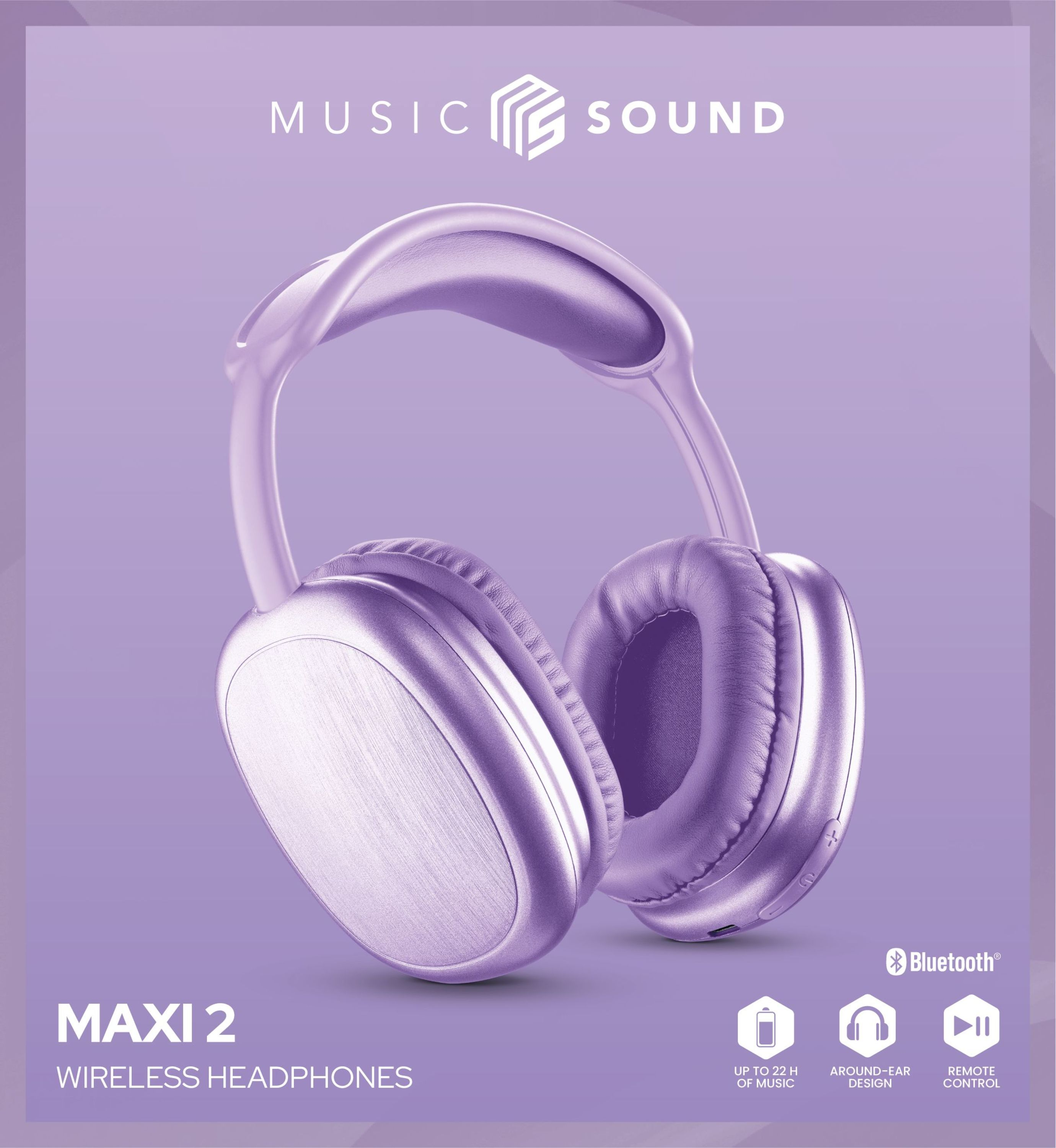 Mor arka plan üzerinde mor kablosuz kulaklıklar. Metin: MAXI 2 WIRELESS HEADPHONES. Logolar.