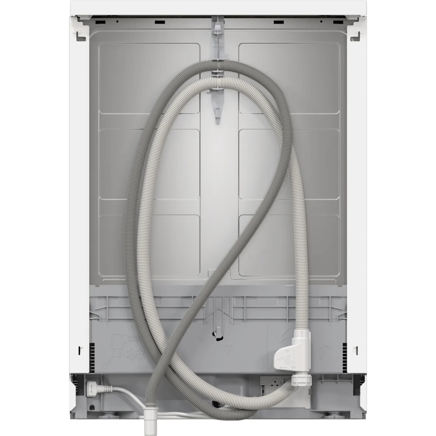 Achteraanzicht van een vaatwasser met grijze slangen, wit interieur. Witte achtergrond.
