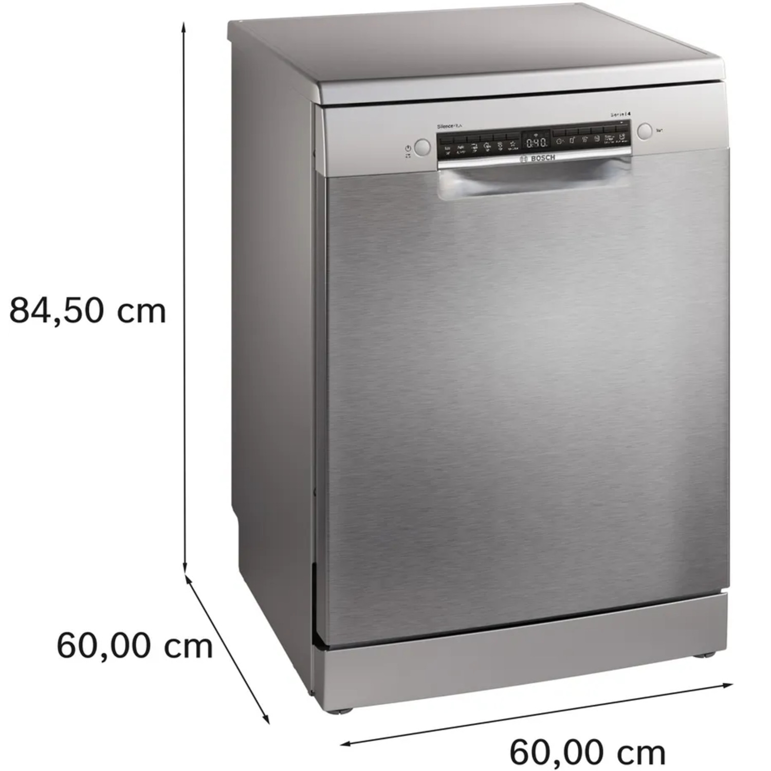 Lave-vaisselle en acier inoxydable avec dimensions : 84,50 cm de haut et 60,00 cm de large et de profondeur.