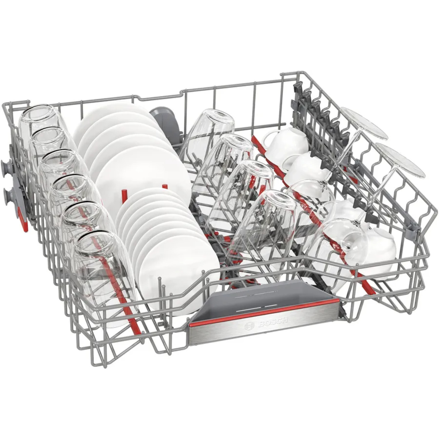 Dishwasher rack loaded with white plates, glasses, and cups. The rack is gray with red accents.