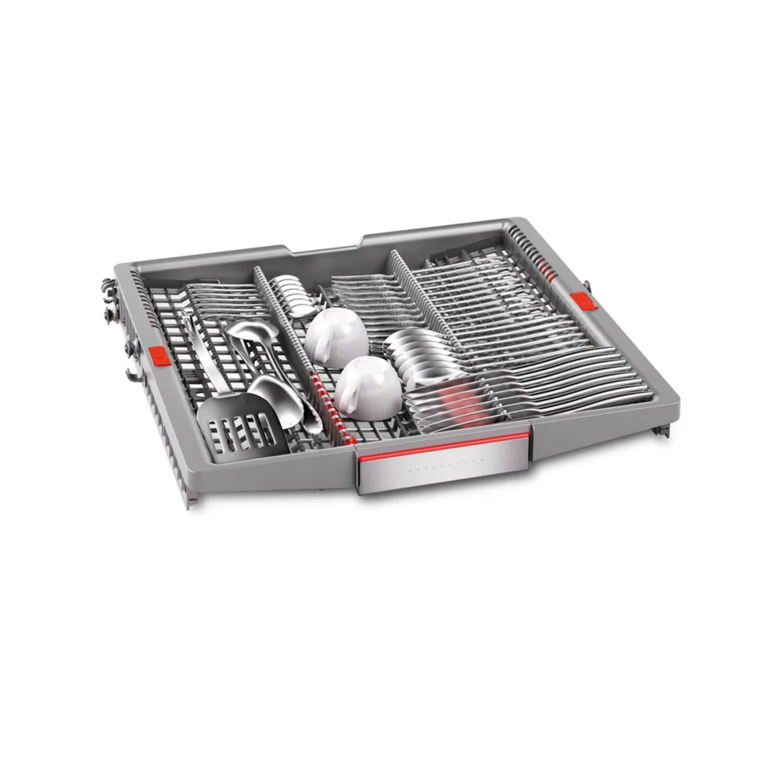 Dishwasher cutlery tray filled with silverware, including spoons, forks, knives, and cups.