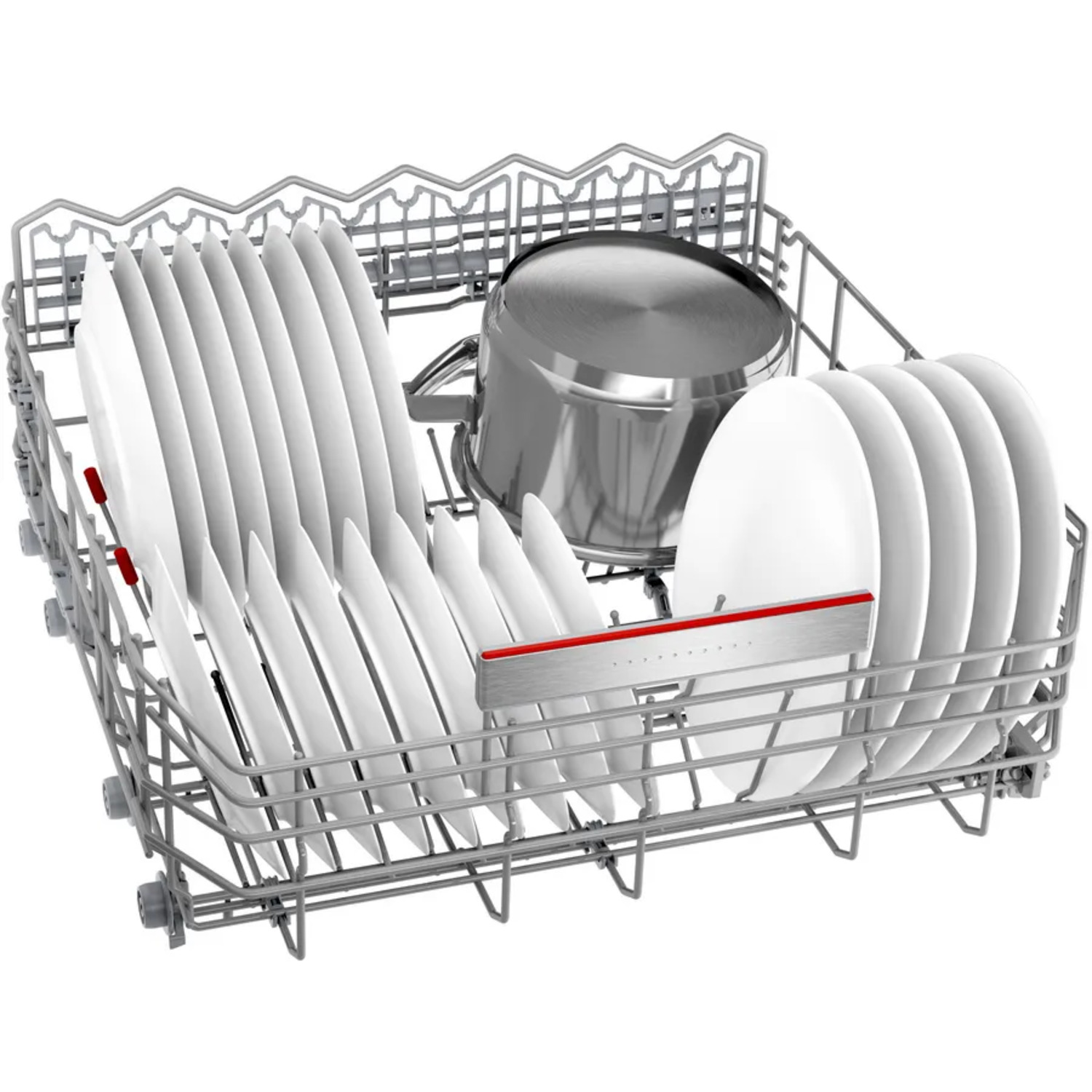 Dishwasher rack loaded with plates and a pot. Rack is gray with red accents. The pot is stainless steel.