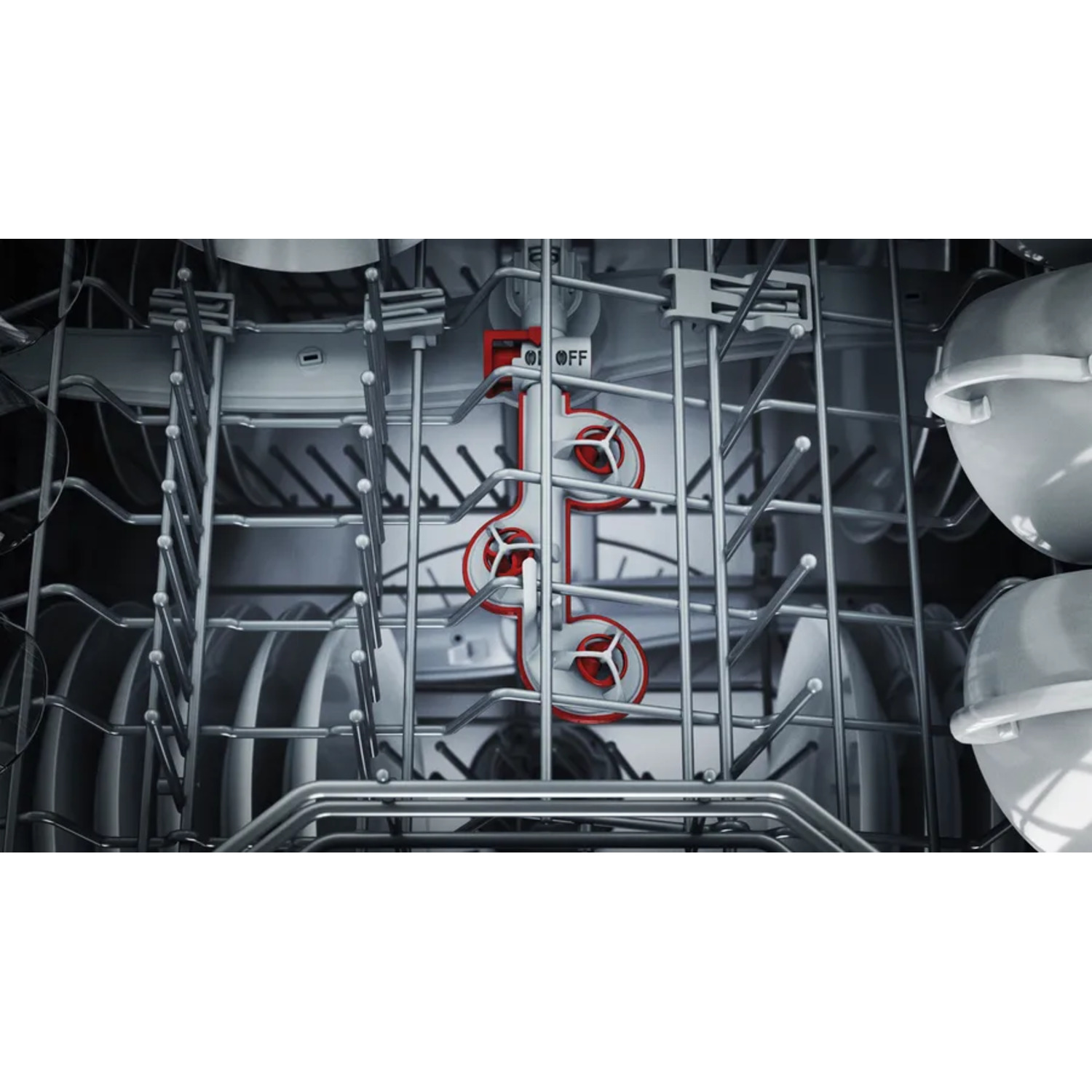 Dishwasher interior, showing the spray arms and the red-accented components for water distribution.