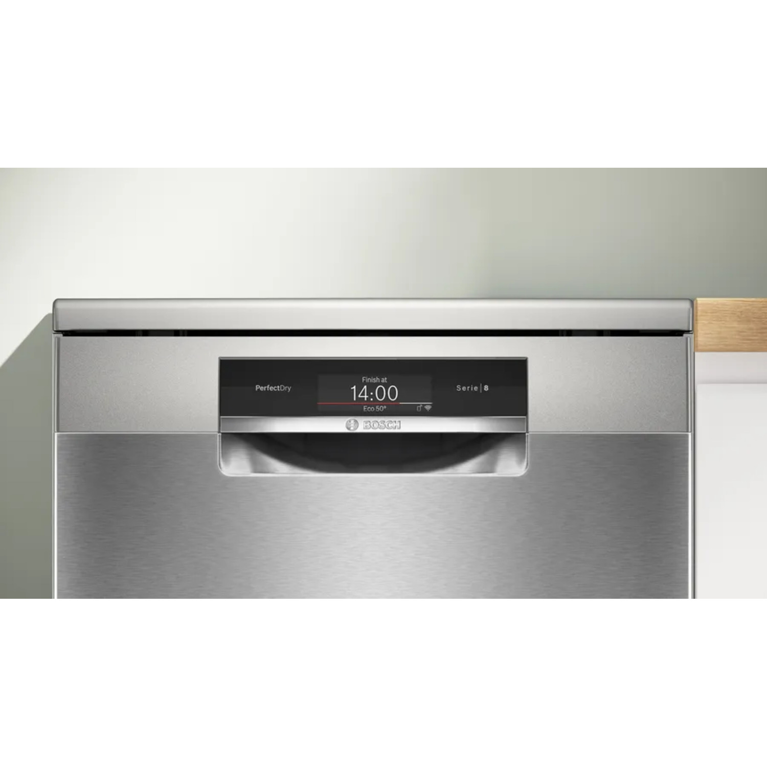 Bosch dishwasher: Stainless steel front with a control panel showing 'Finish at 14:00' and 'Serie 8'.