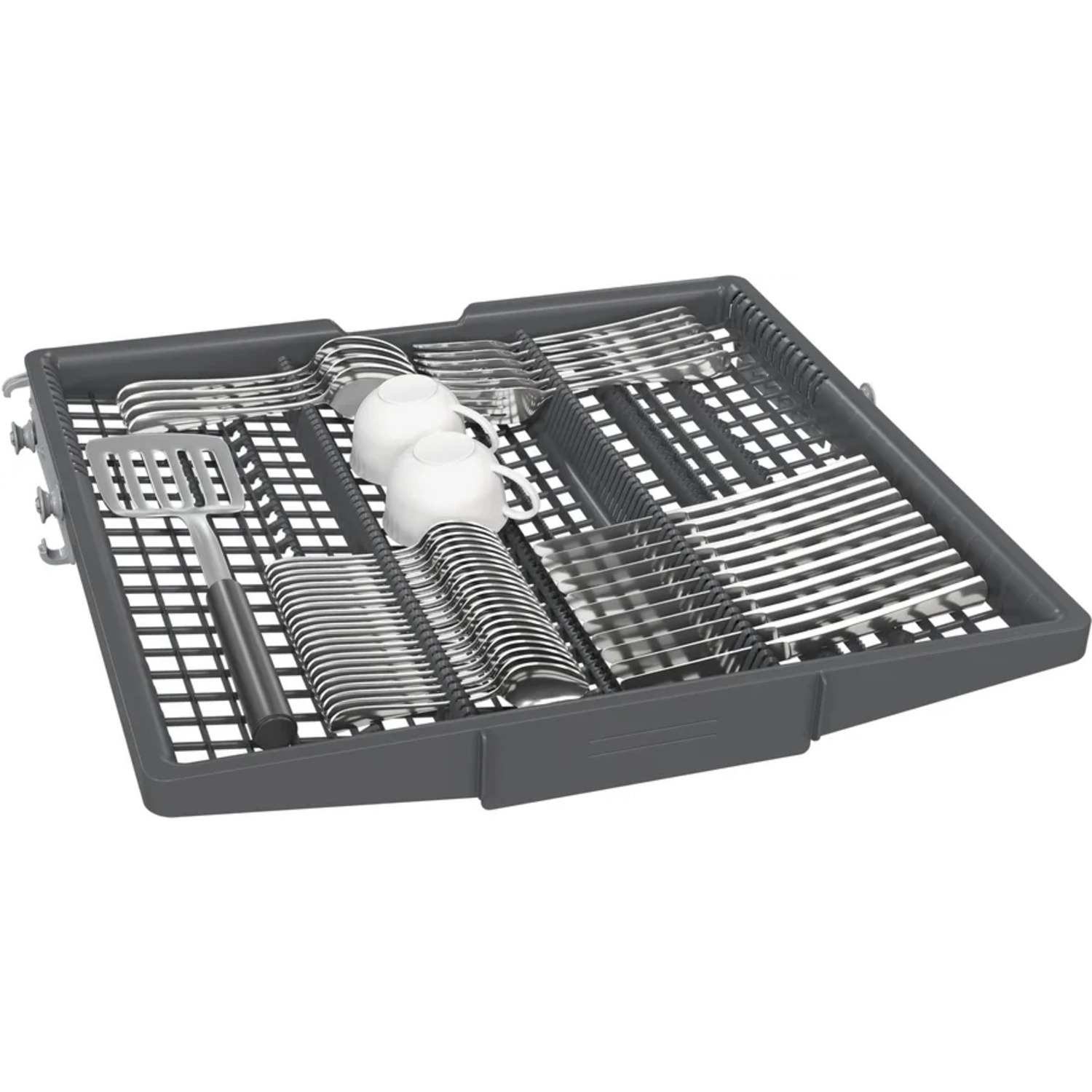 Dishwasher cutlery tray filled with silverware, including spoons, forks, knives, and cups.