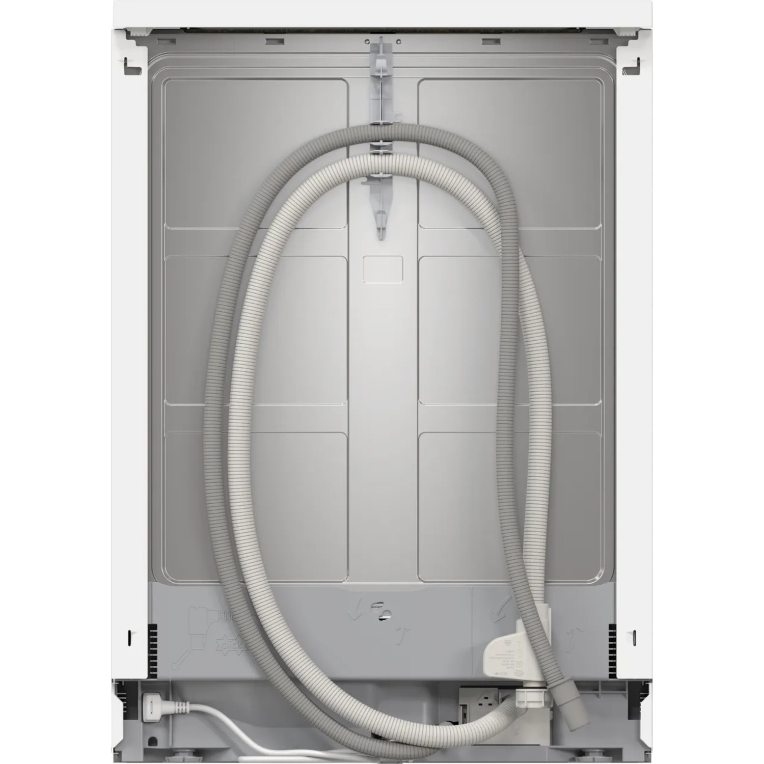 Back of a white dishwasher with hoses and connections visible.
