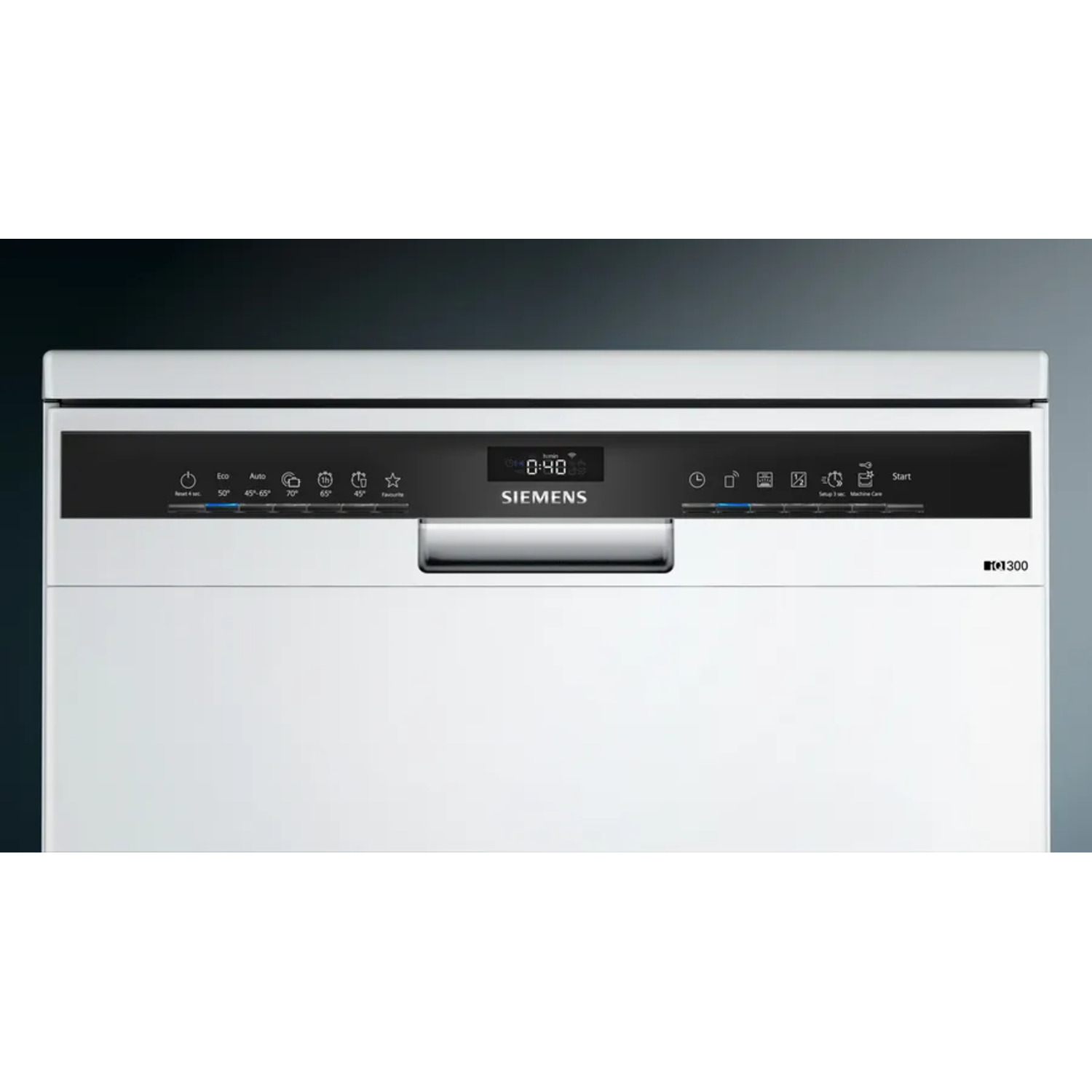 Close up of a white Siemens dishwasher control panel with buttons and a digital display.
