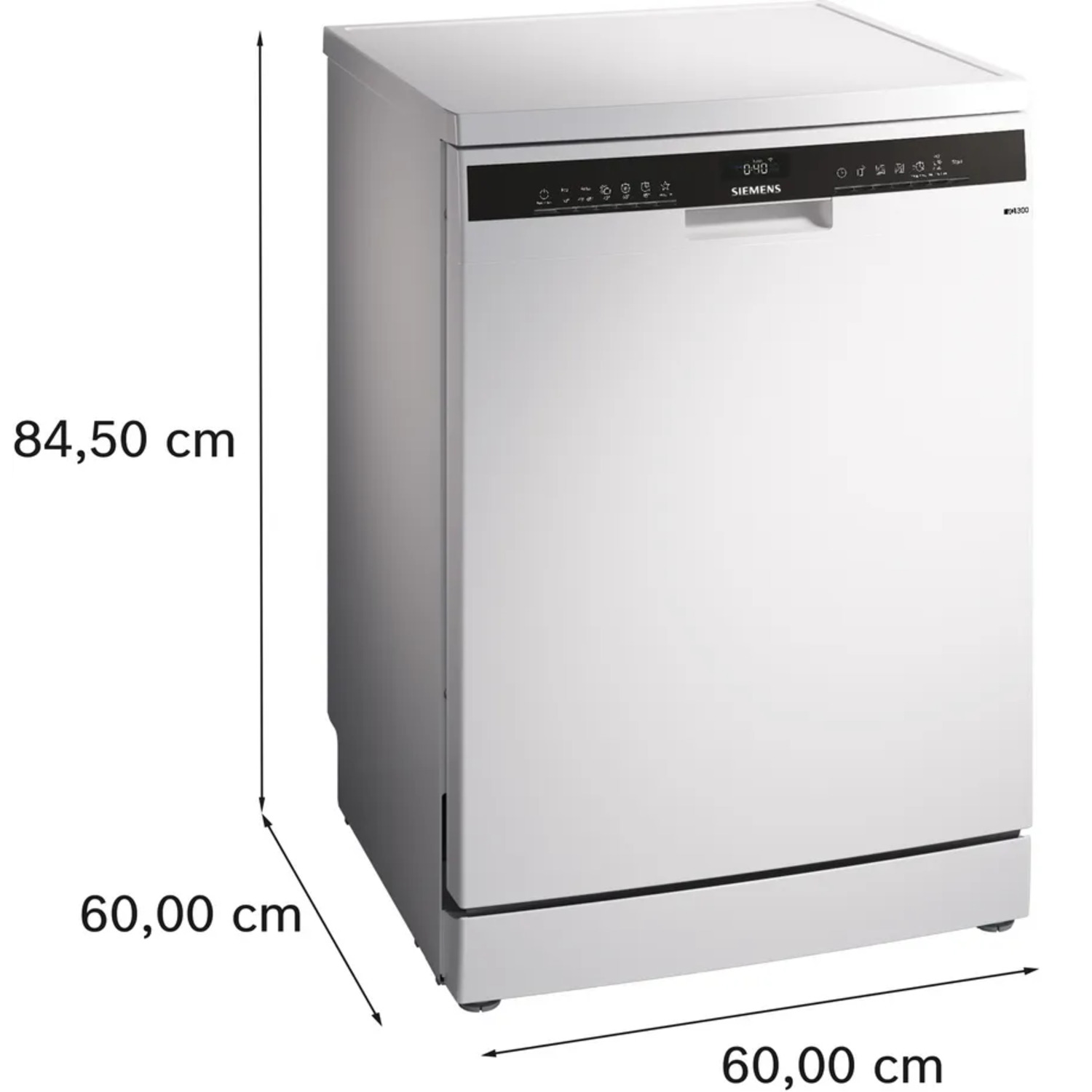 A white dishwasher is presented with dimensions, with the height being 84.50 cm and the width 60.00 cm.