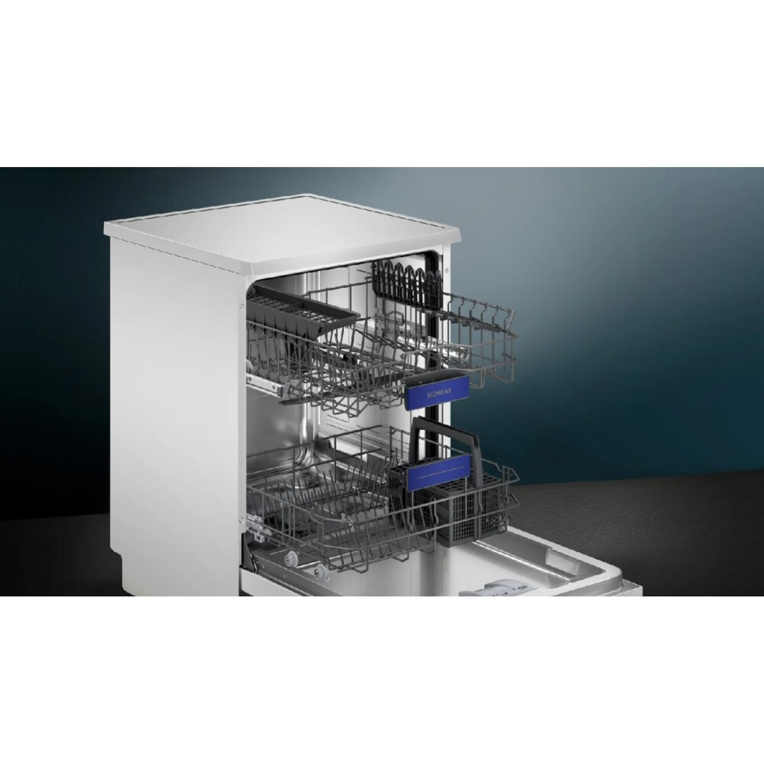White dishwasher with open trays.