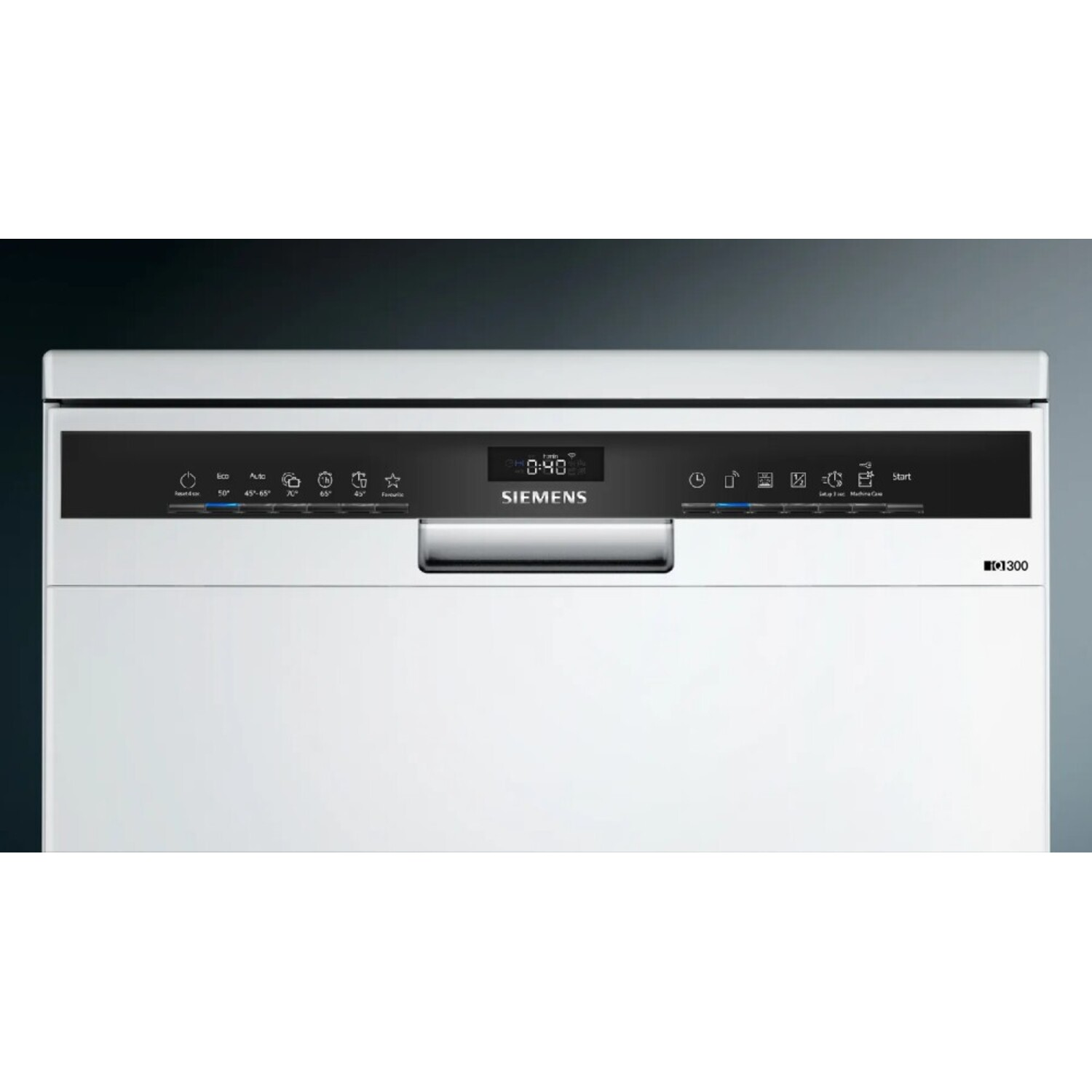 Close up of a white Siemens dishwasher control panel, with buttons, and a digital display.