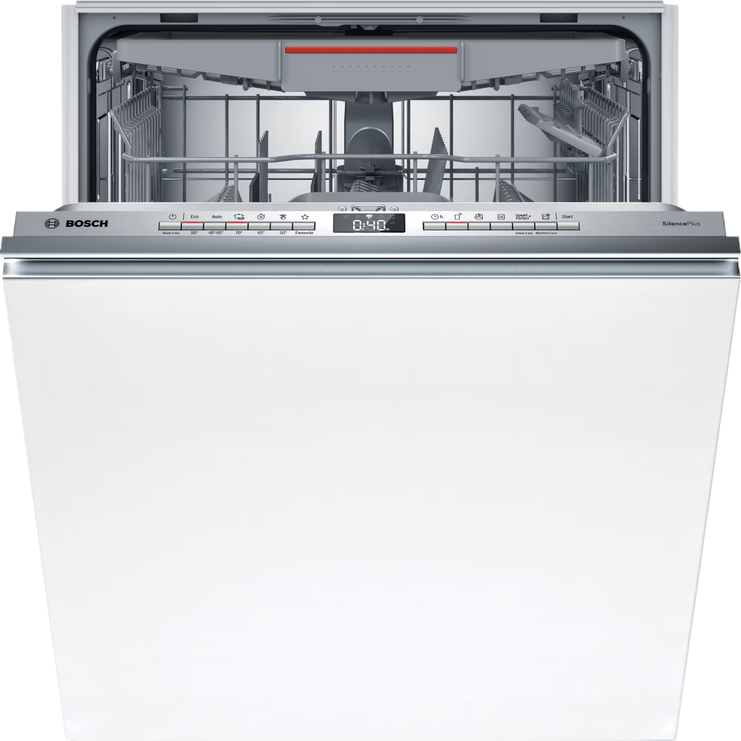 Un lave-vaisselle Bosch blanc avec la porte ouverte, affichant des paniers et des commandes.