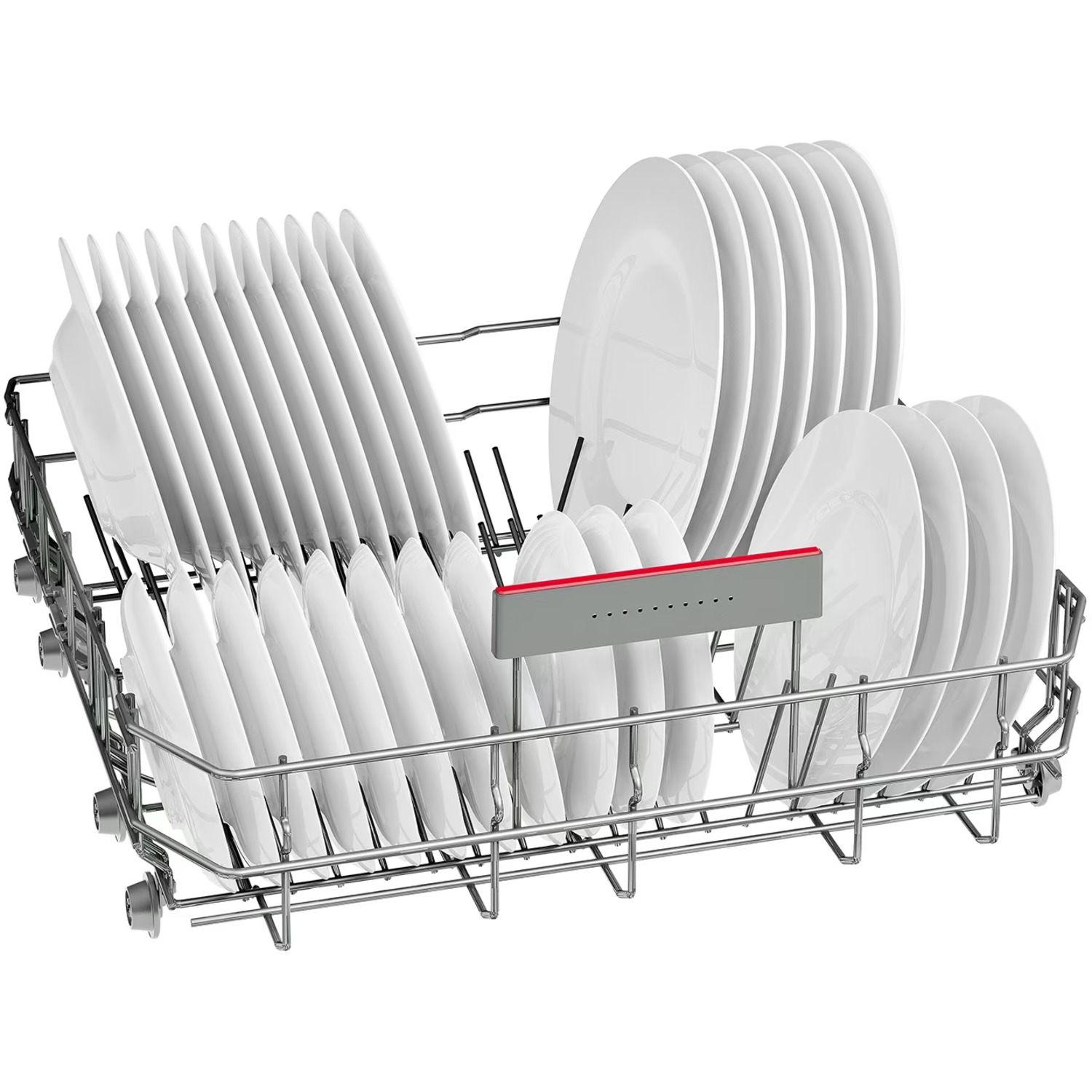 Panier de lave-vaisselle avec des assiettes blanches. Les assiettes sont séparées par un séparateur gris.