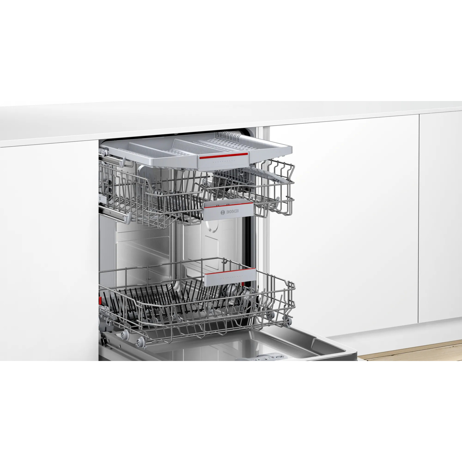 Intérieur du lave-vaisselle ouvert, montrant les paniers supérieur et inférieur. Acier inox, Bosch.