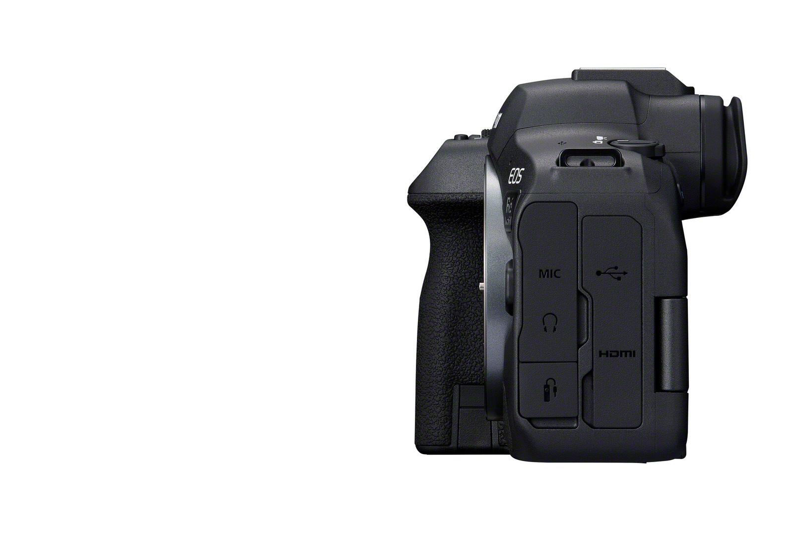 Canon fotoğraf makinesi yan görünümü, bağlantı noktaları, mikrofon ve HDMI görünür. Siyah gövde.