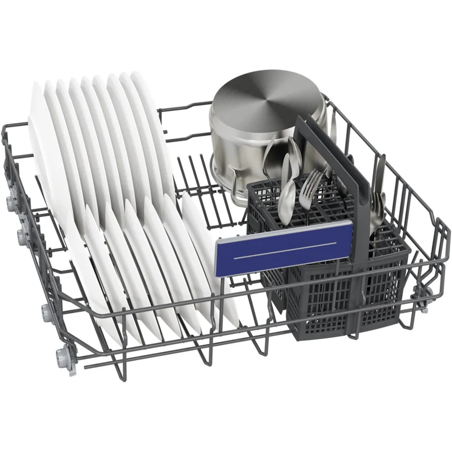 Dishwasher rack with plates, utensils, and a pot. Rack is grey, plates white, and items are stainless steel.