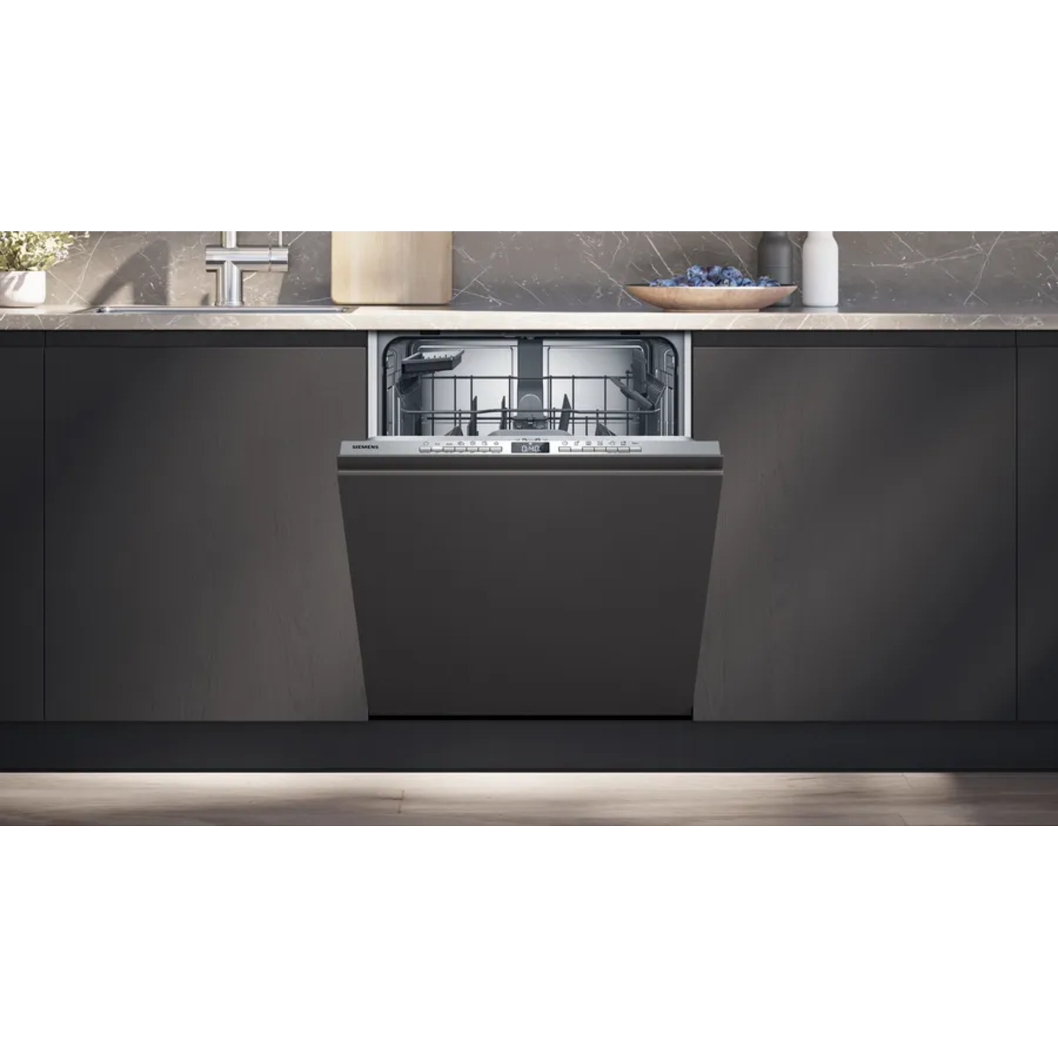 Dishwasher integrated into dark cabinets. Control panel is visible. The dishwasher door is closed. Kitchen setting.