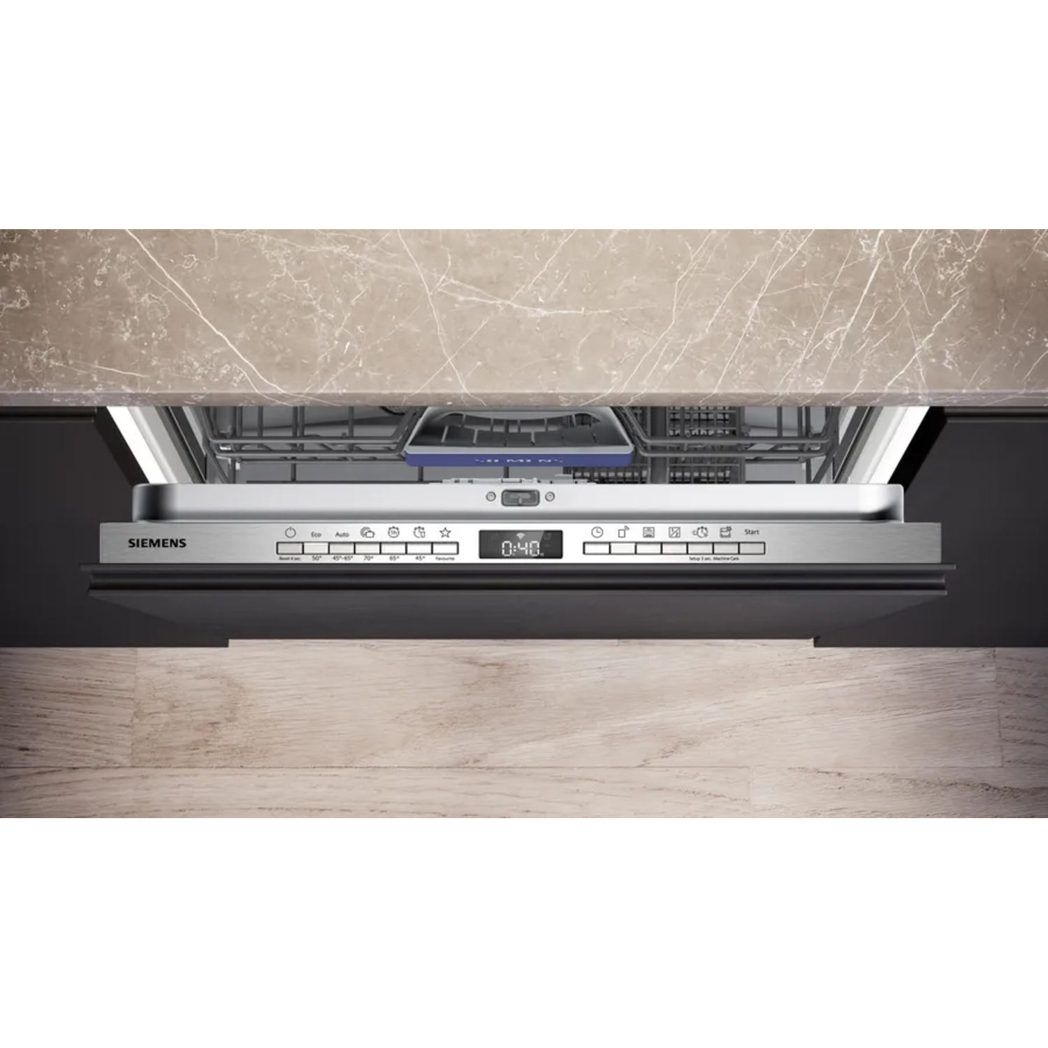Dishwasher control panel with display. Silver surface. Kitchen counter and wood.