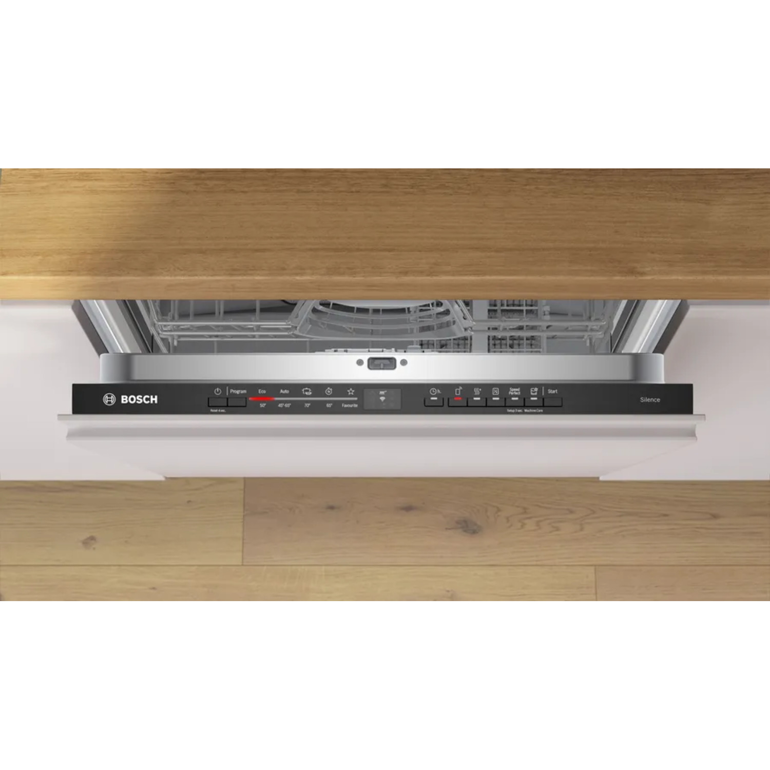 Dishwasher control panel with buttons. Wooden floor below.