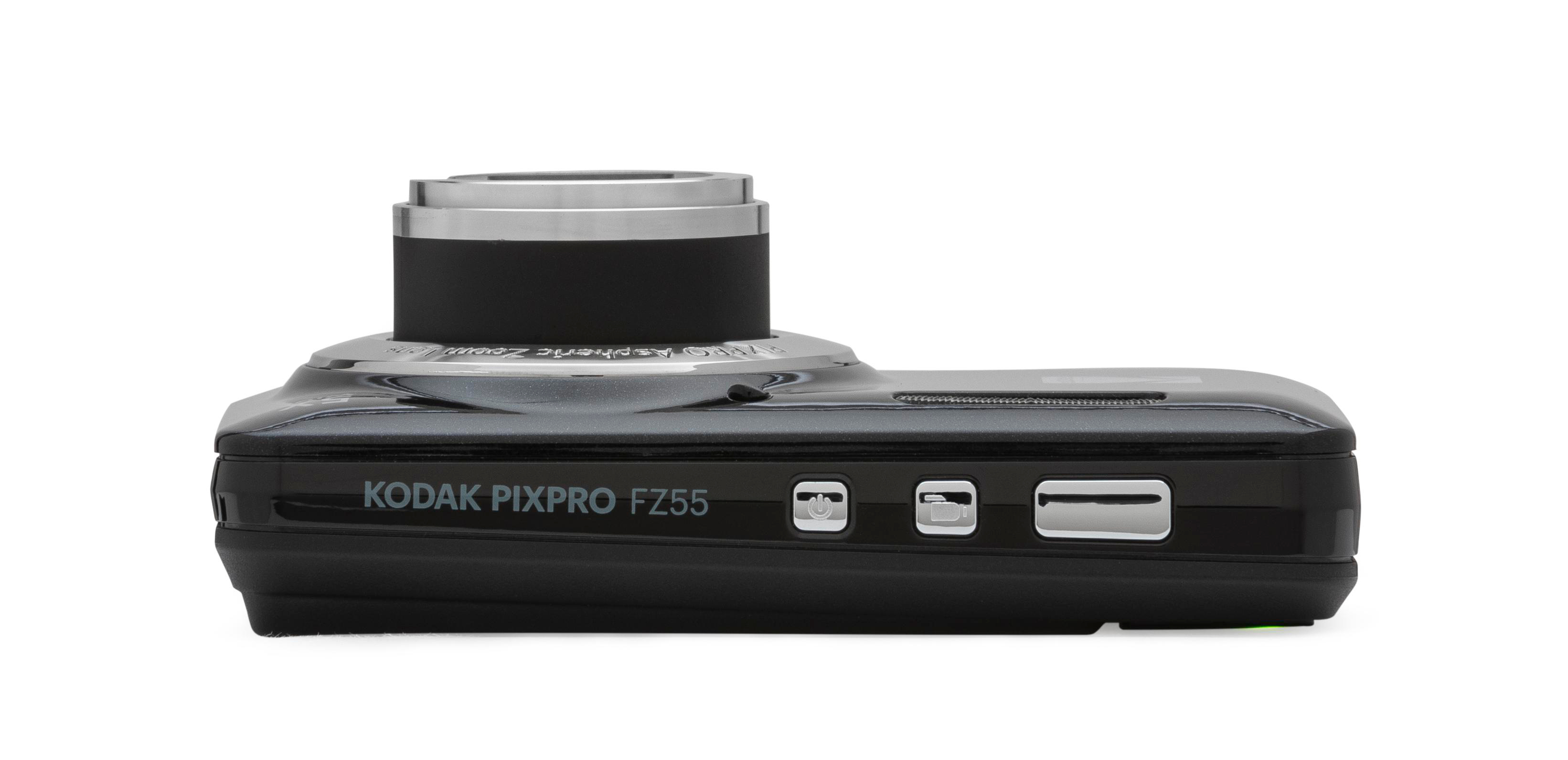 Eine schwarze Kodak Pixpro Kamera, von der Seite betrachtet.