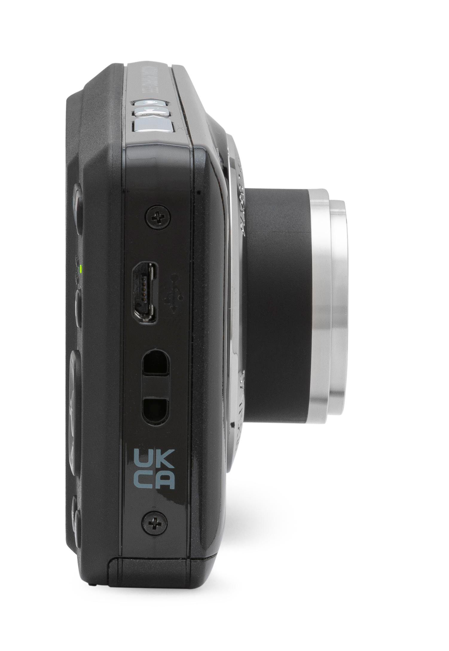 Eine schwarze Kodak Pixpro Kamera, Vorderansicht, mit Blitzlicht.