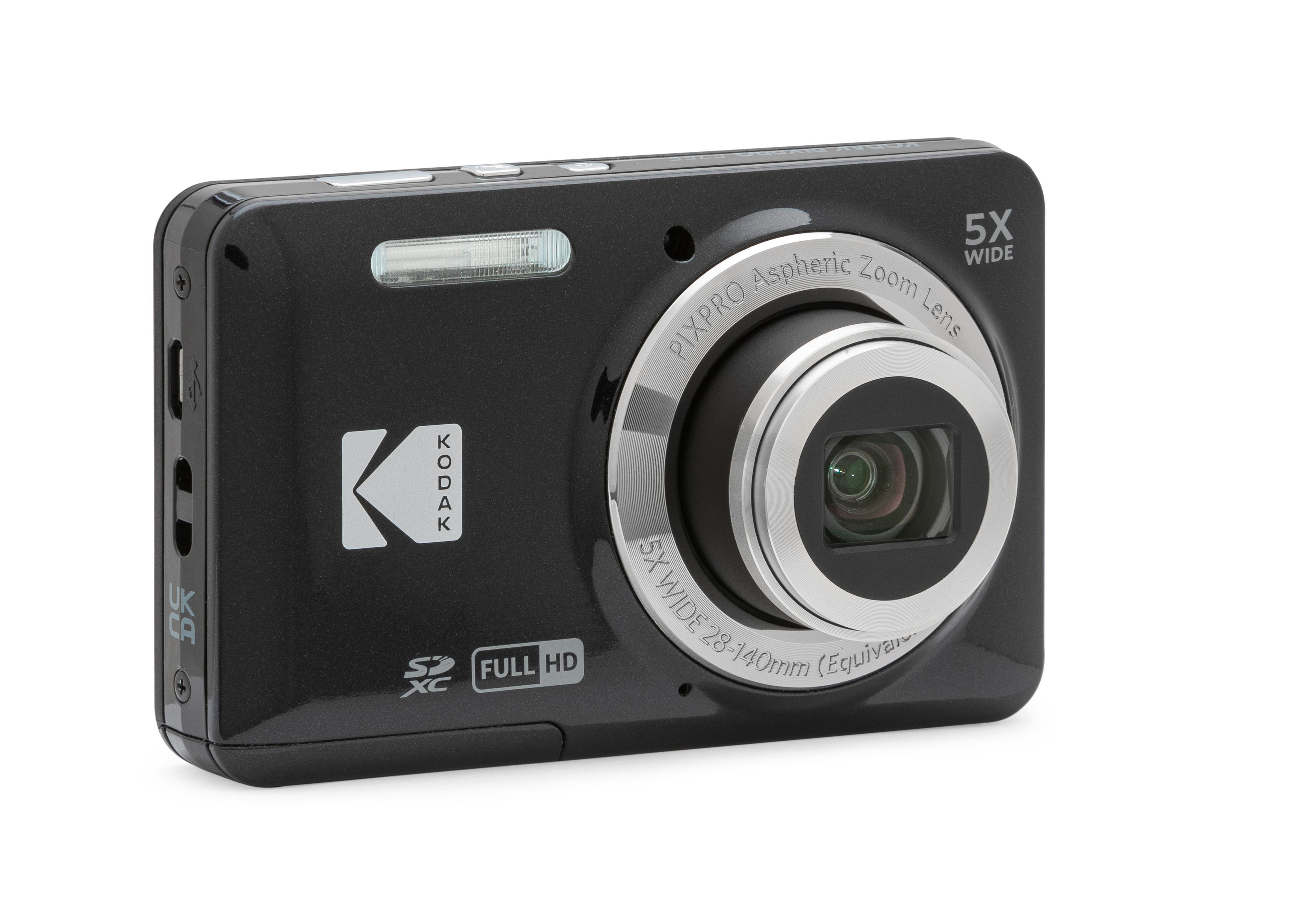 Ein gelbes und schwarzes Kodak Kameraobjektiv, mit Blitz und Text.