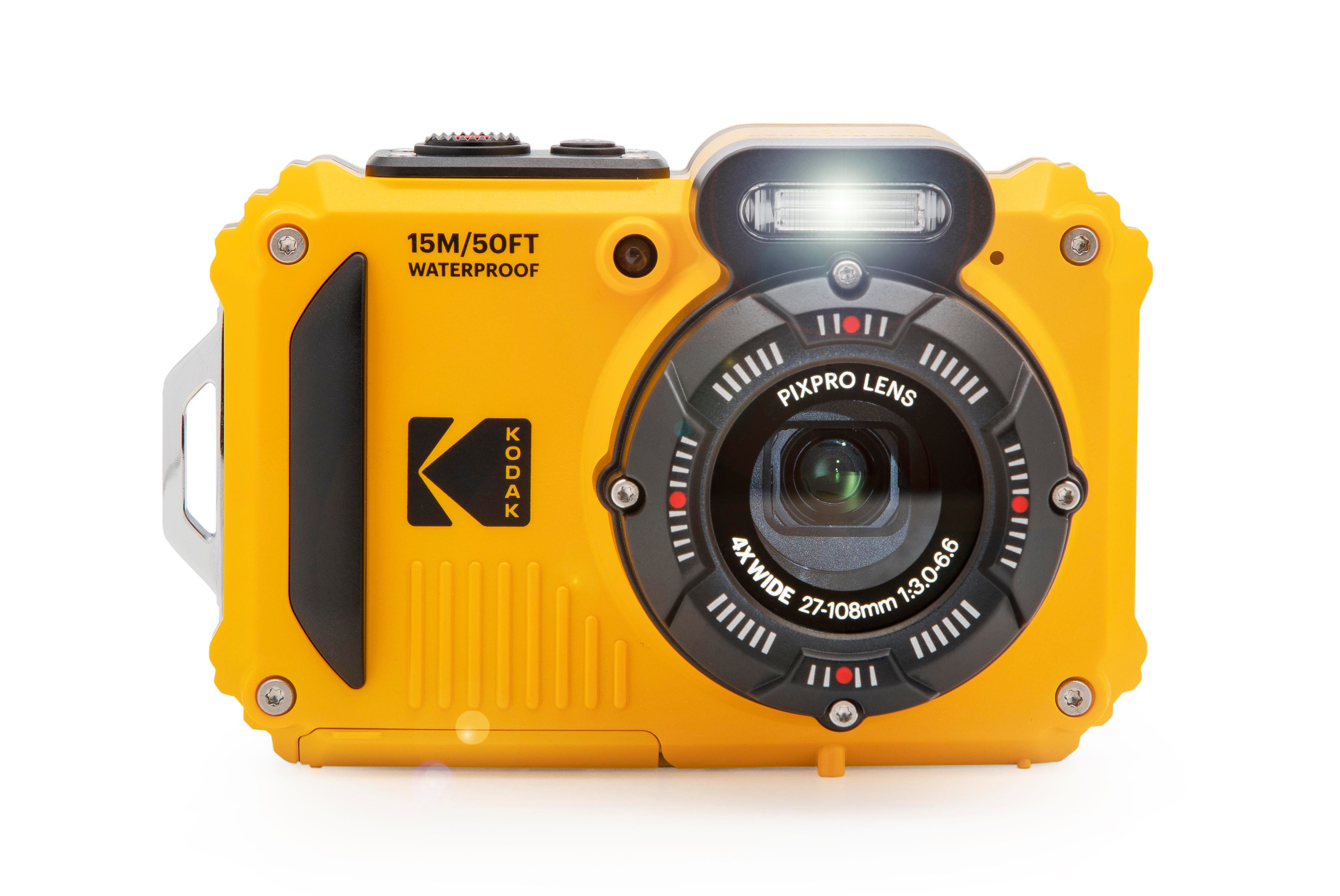 Gelbe wasserdichte Kodak-Kamera mit Objektiv und Details. Weißer Hintergrund. Zeigt Kameradetails und Funktionen.