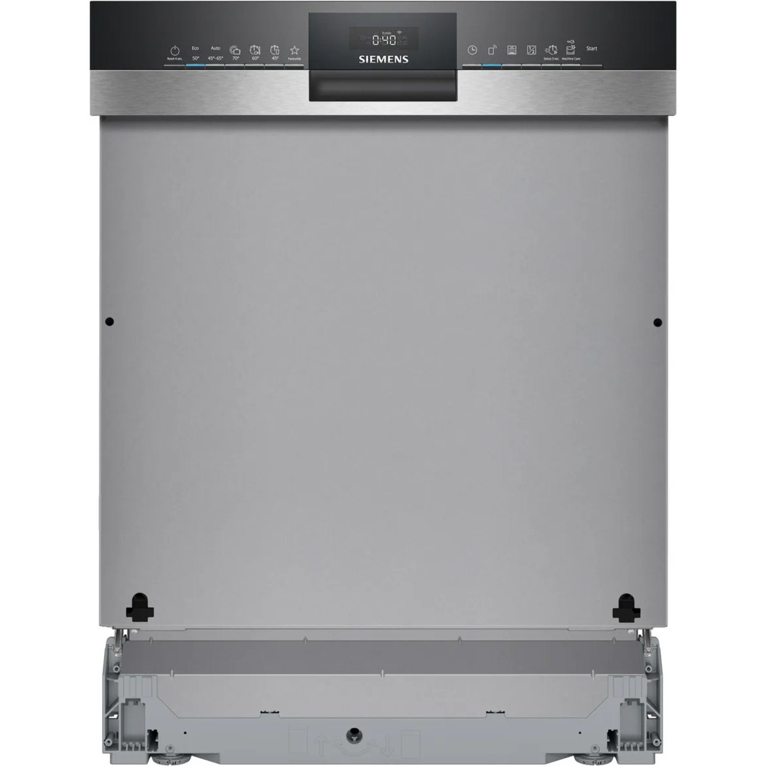 Siemens dishwasher front. Silver door, black control panel with display. Bottom base. Unopened.