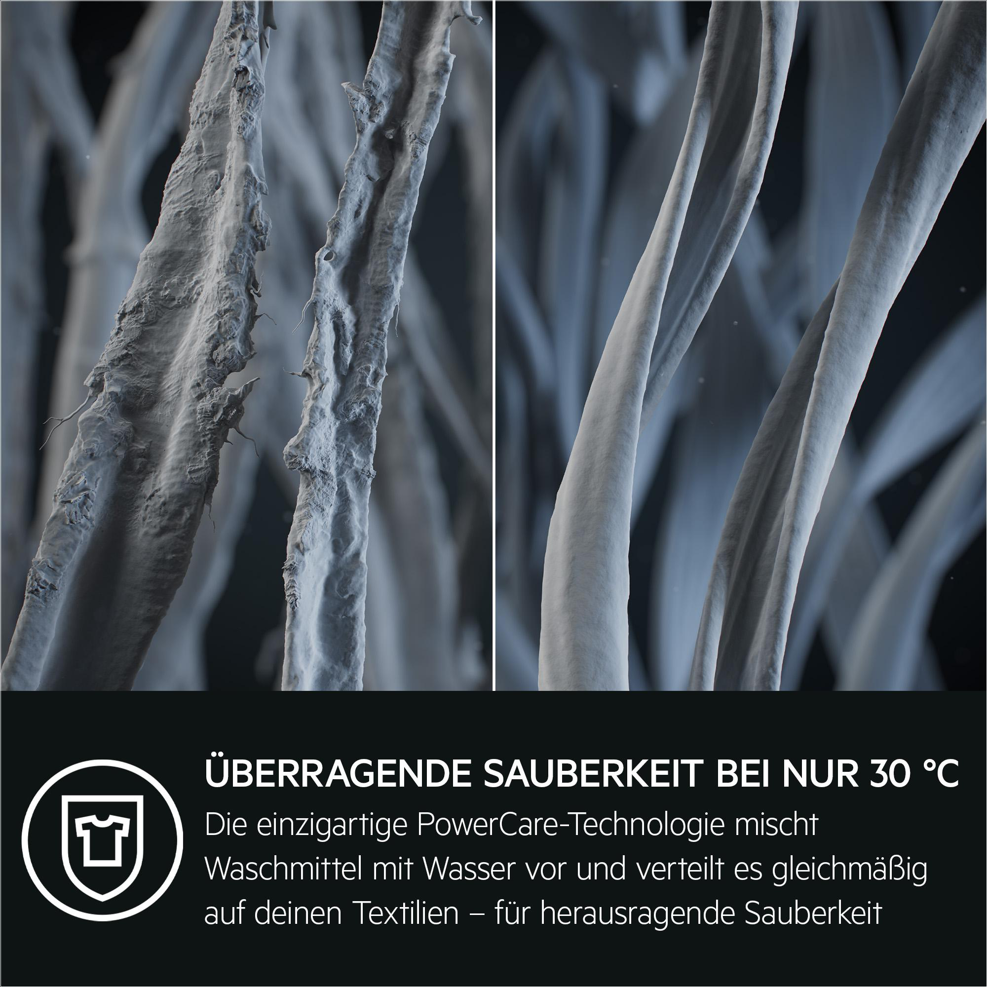 Nahaufnahme von Stofffasern. Der Text lautet: Hervorragende Sauberkeit bei nur 30 °C.