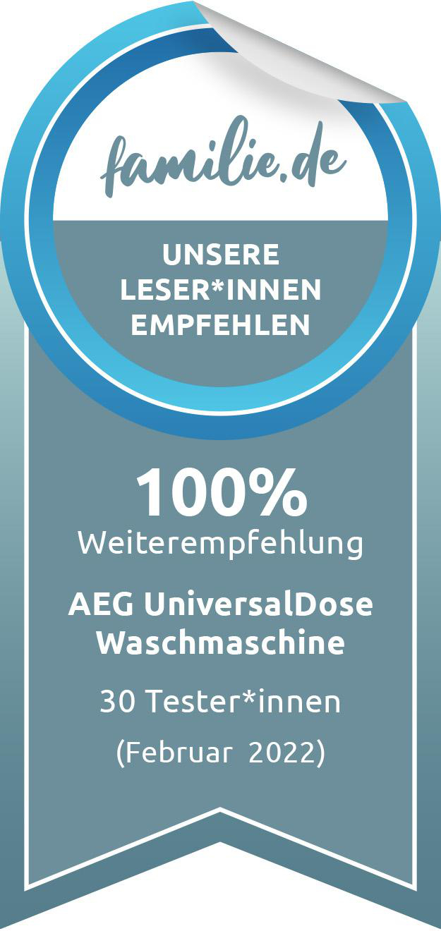 Ein Abzeichen mit Text, 100% Empfehlung für AEG UniversalDose Waschmaschine.