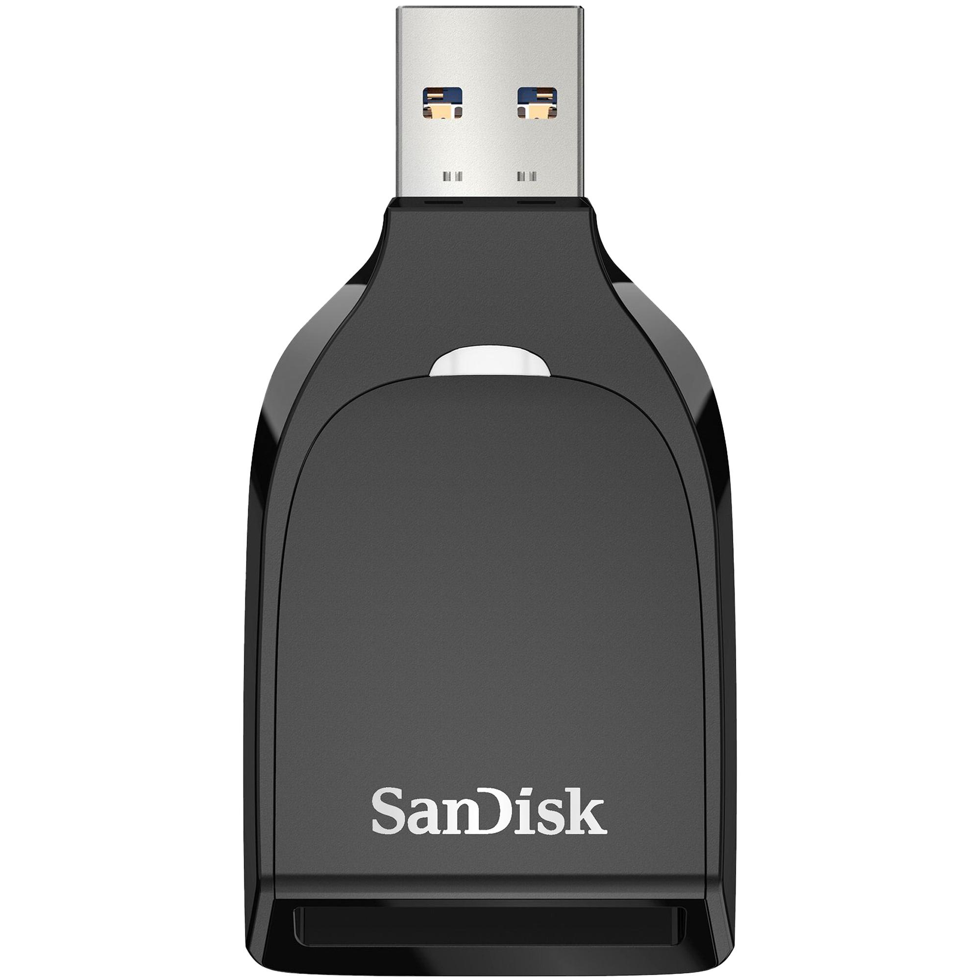 Schwarzes Sandisk USB-Kartenlesegerät mit USB-Anschluss.