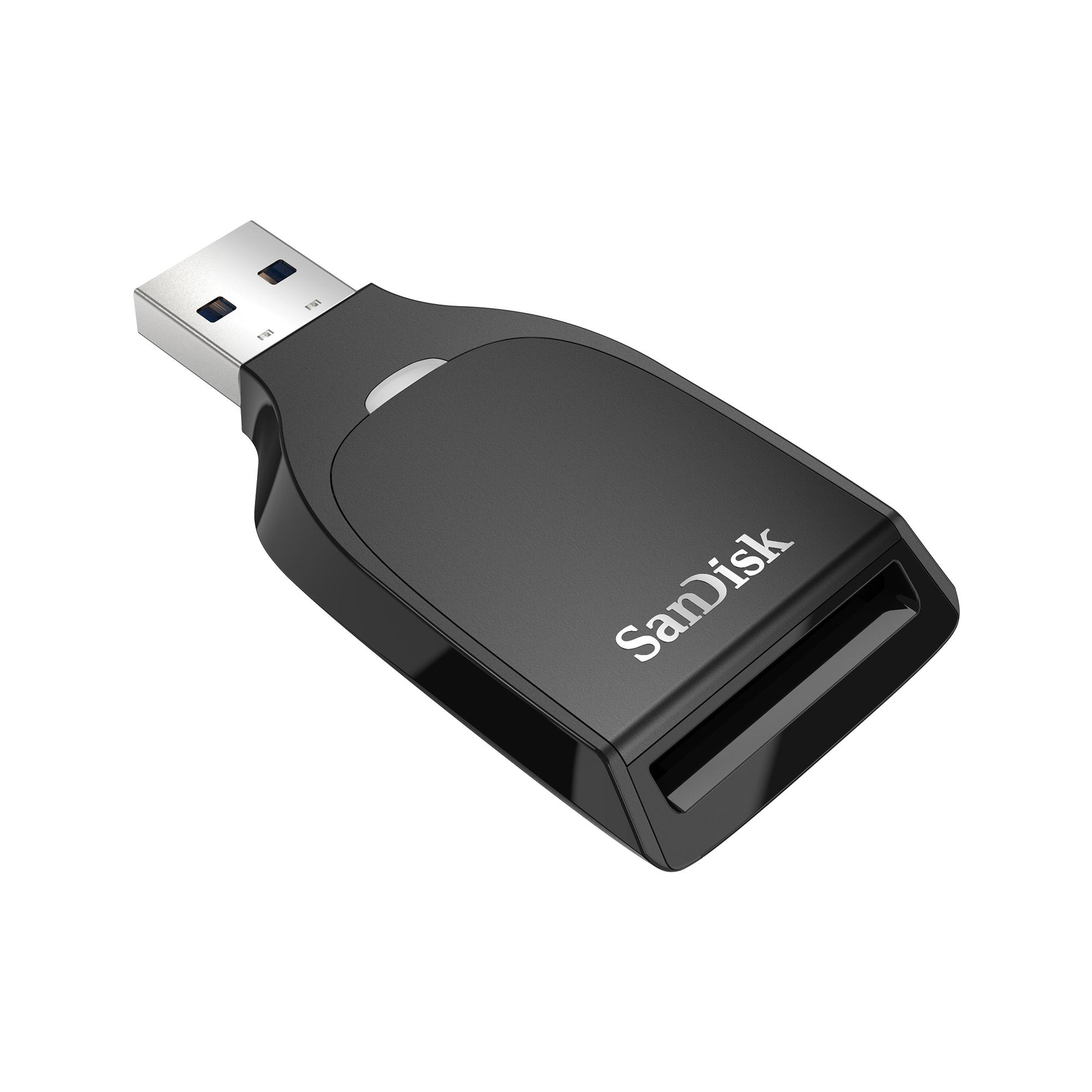 Schwarzes Sandisk USB-Kartenlesegerät mit USB-Anschluss.