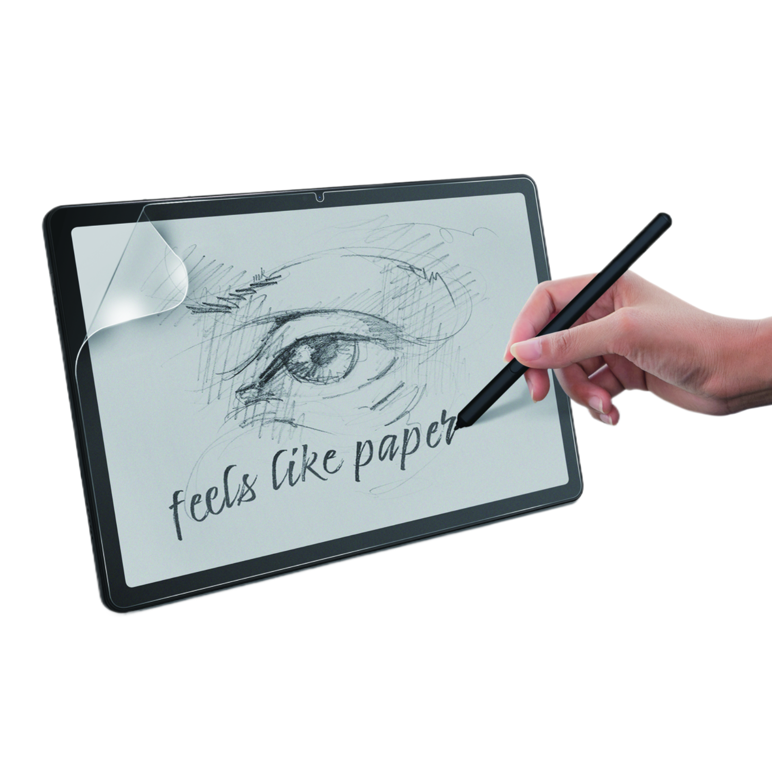 Een digitale tablet met een handgetekende tekening erop, met een pen. Tekst op de tablet zegt 'voelt als papier'.