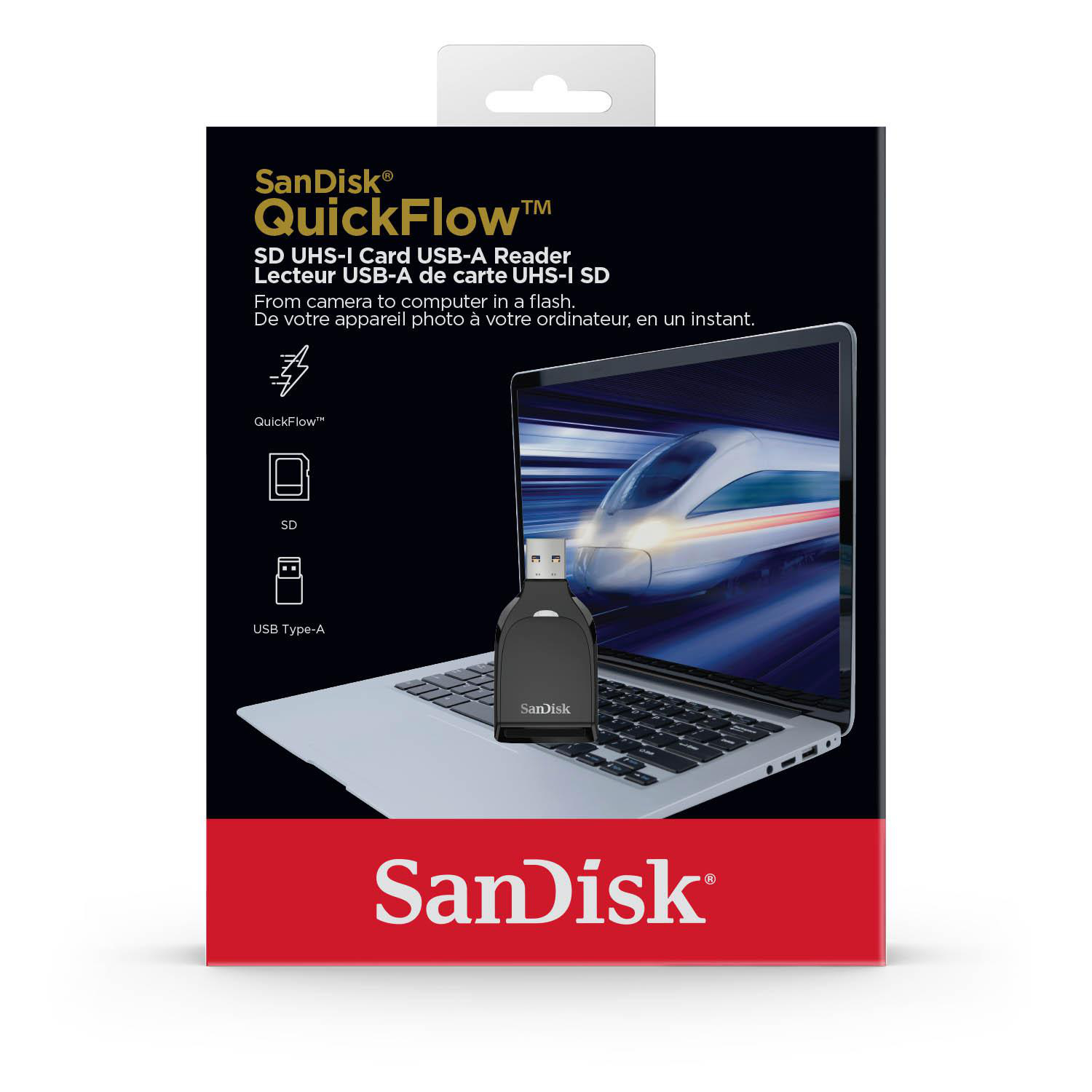 Box: SanDisk QuickFlow-Lesegerät. Es befindet sich neben einem Laptop.