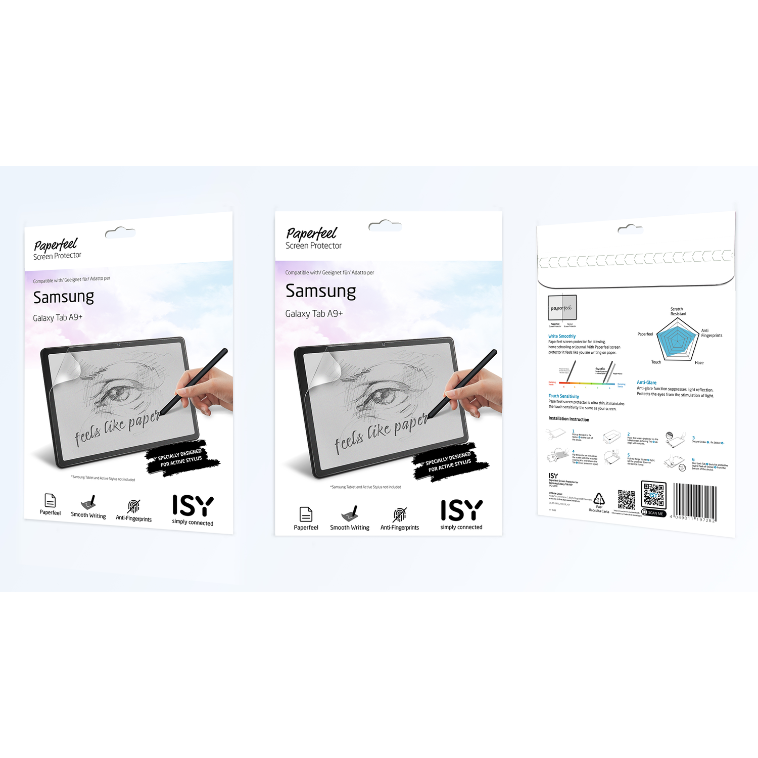 Drie schermbeschermer verpakkingen. Elk toont een tablet met stylus, tekst 'voelt als papier' en merkinformatie.