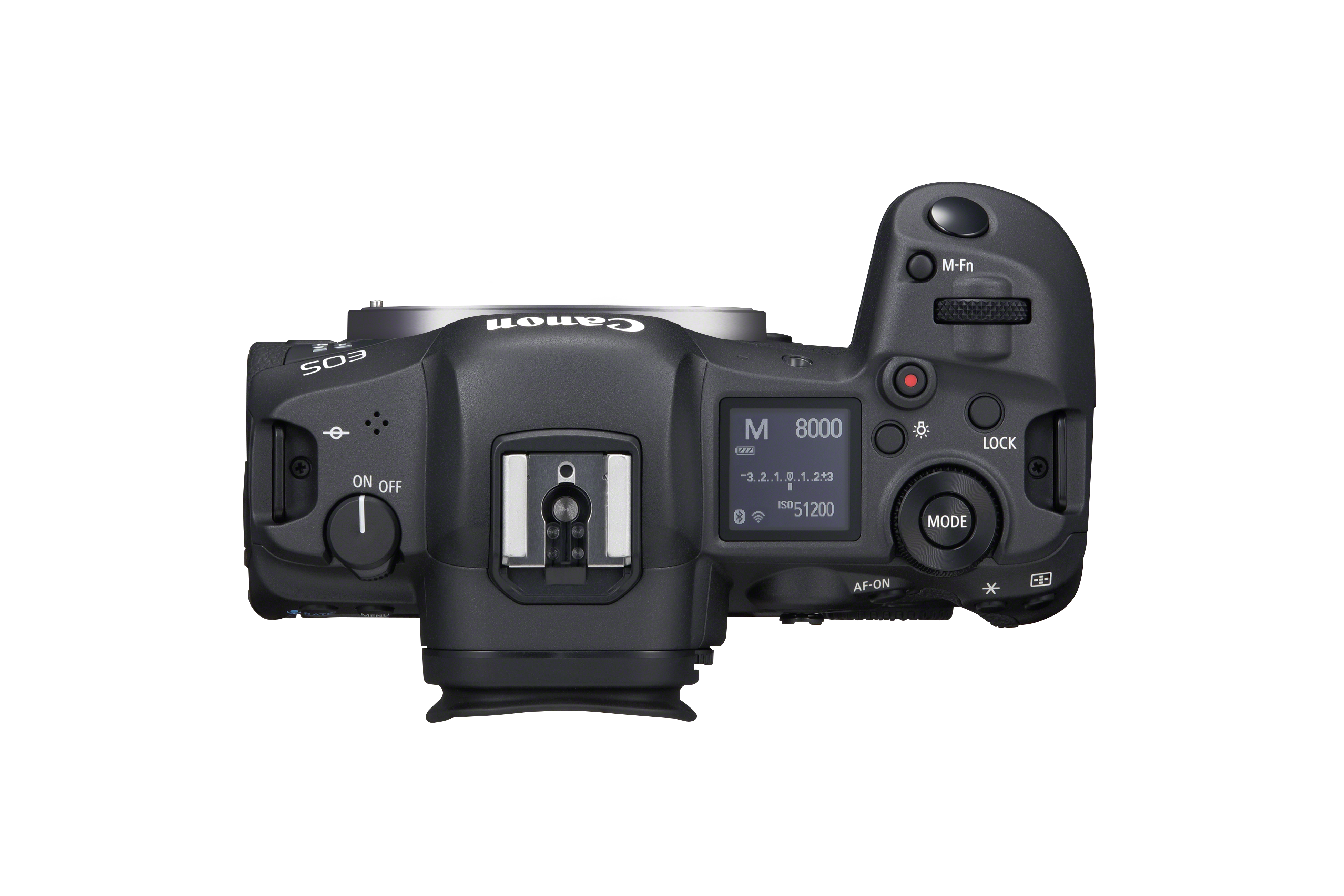 Siyah bir arka plan üzerinde bir Canon EOS R5 fotoğraf makinesinin üstten görünümü. Ayarlar görünür.