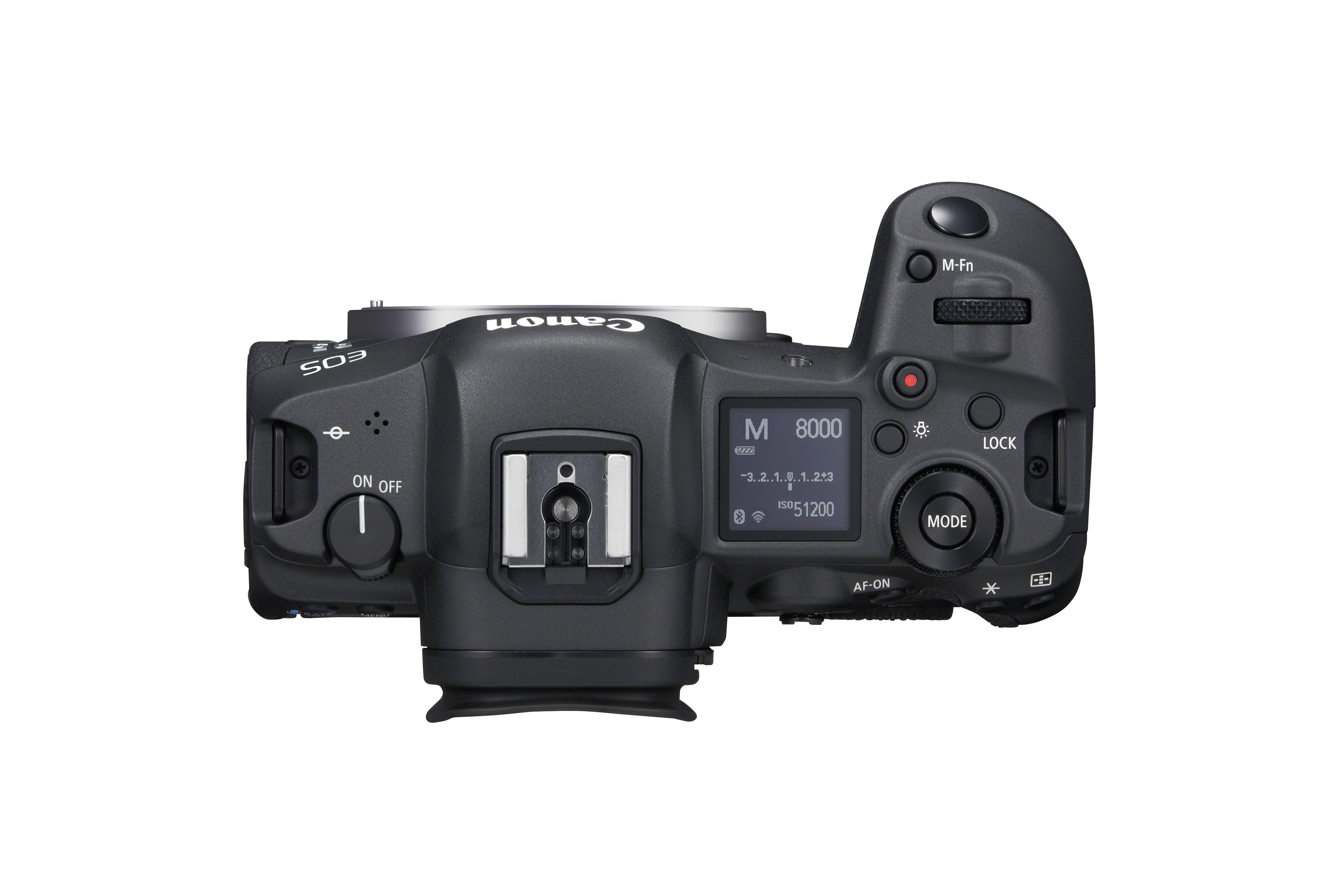Canon EOS kameranın üstten görünümü, ekranında ayarlar ve çeşitli düğmelerle.